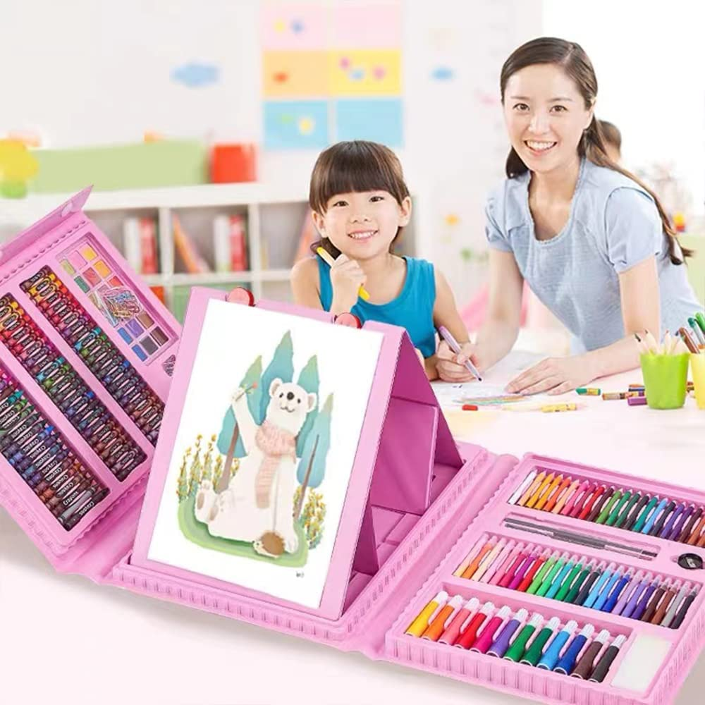 ZDY 208 PCS Art Supplies, Drawing Art Kit for Kids Adults Art Set with Double Sided Trifold Easel, Oil Pastels, Crayons, Colored Pencils, Watercolor Pens Girls Boys Artist,Pink image number 1