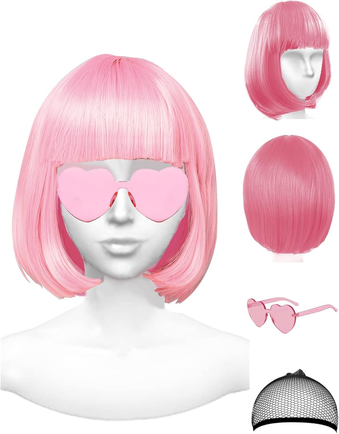 Wig and Party Sunglasses, Bob Wig with Bangs Light Pink Wigs for Women, Cosplay Party Wigs - Bachelorette Decorations Favors (Pink)