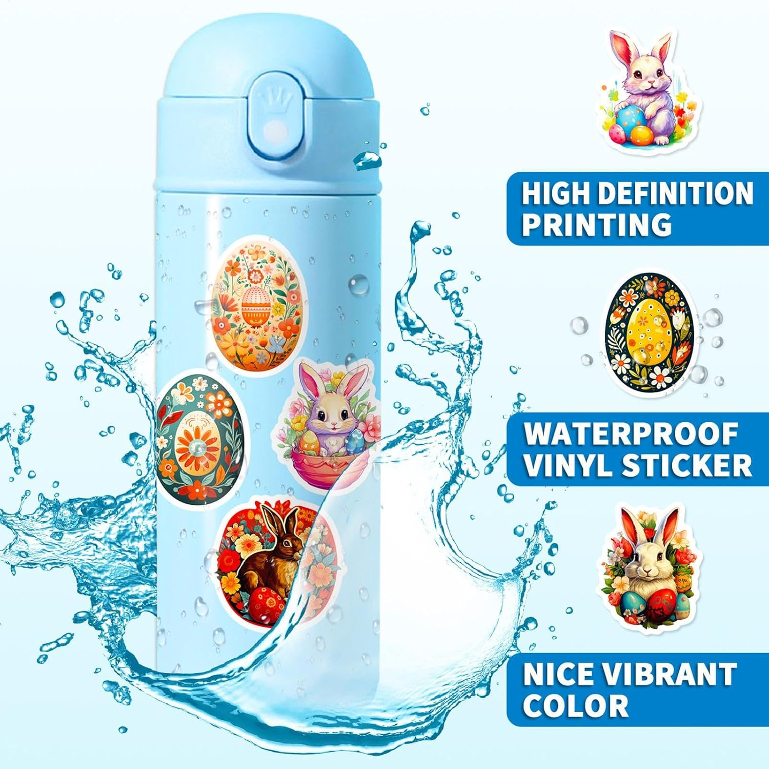 Easter Bunny Stickers, 50Pcs Easter Eggs Stickers, Waterproof Easter Sticker, Easter Basket Stuffers for Kids, Stickers for Water Bottles, Skateboard Stickers image number 1