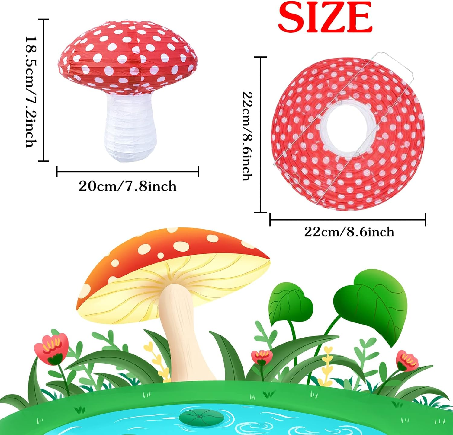 4Pcs Mushroom Shaped Paper Lanterns Hanging Mushroom Decoration Birthday Party Decor Cute Decoration for Jungle Wonderland Theme Party Garden Wedding Kids Room (Mushroom/Red) image number 1