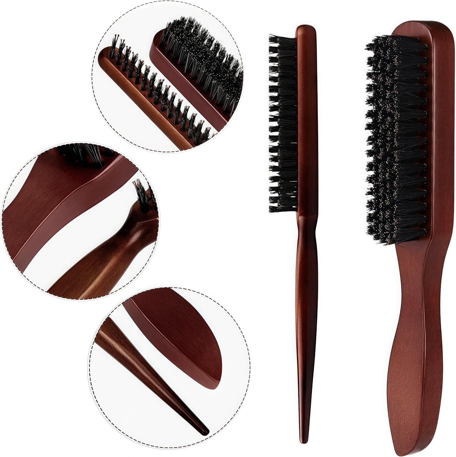 2 Pcs Boar Bristle Detangle Hair Brush,Anti Static Quiff Roller Hair Brush for Men and Women,Slick Back Hair Brush for Smoothing Ponytail,Wooden Handle Bristle Styling,For Hair and Beards Modeling image number 3
