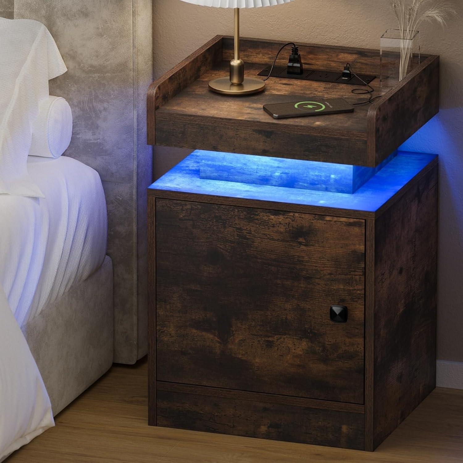 Oikiture LED Bedside Table with Marble Surface and Remote Control 2 Drawers Bed Side Table Black