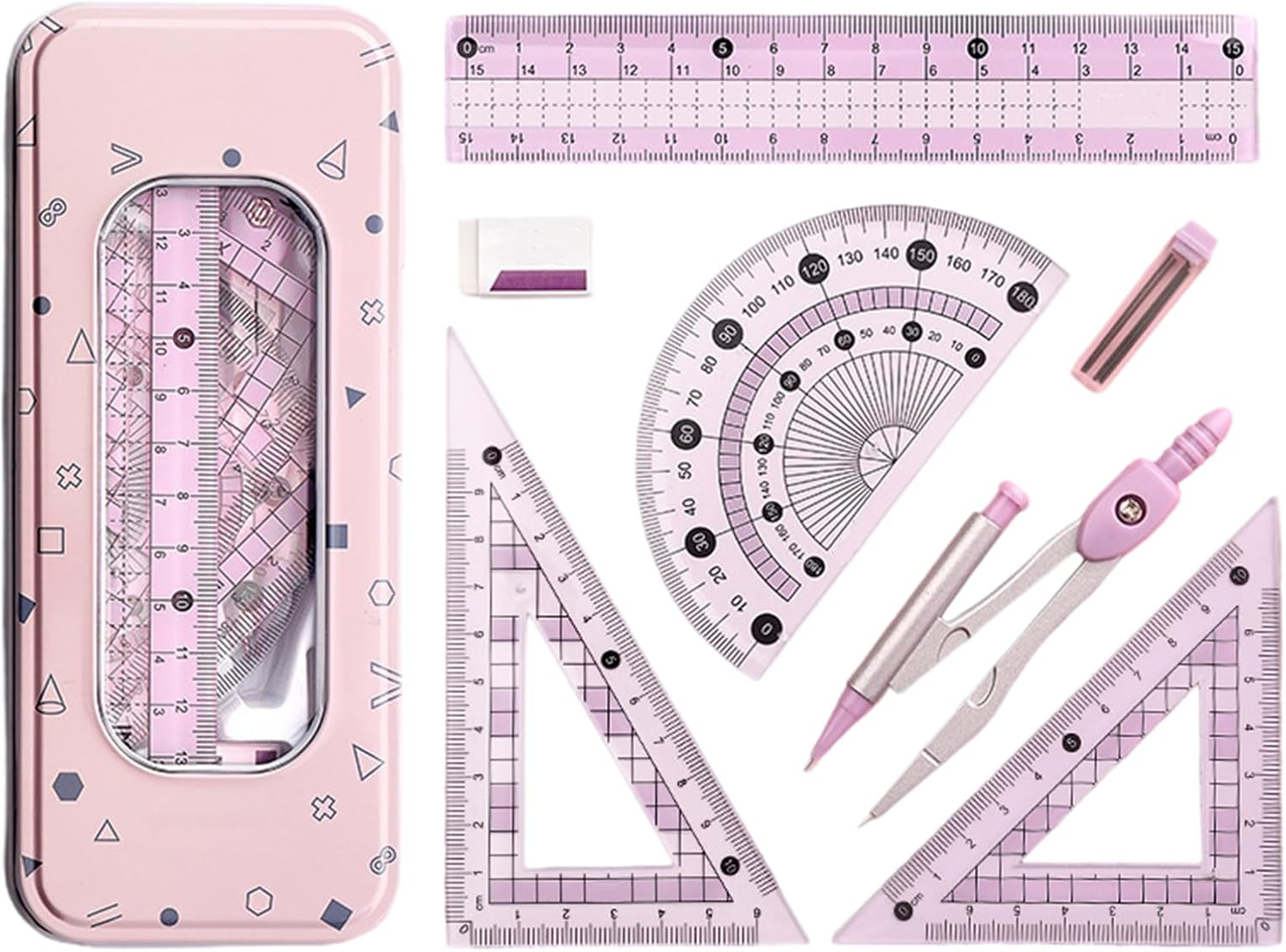 Compass Geometry Tool with Metal Box, 7 Pcs Assorted Math Set with Eraser & Refills, Protractor Ruler Kit for School, Class, Students (Pink)