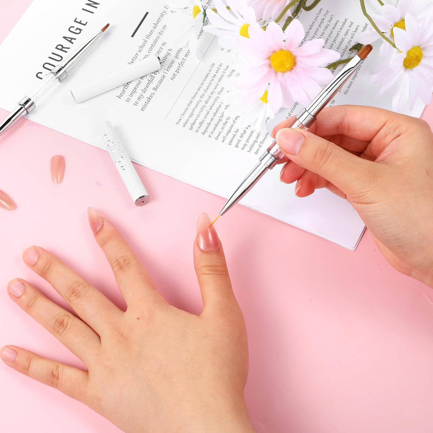 LXUEJIE 3 Pcs Double Ended French Tip Brush Hard Gel, Nail Builder Gel Brush, Liner for Design Nail Liner Brushes Rhinestone Handle French Tip Drawing Brushes for Design image number 3