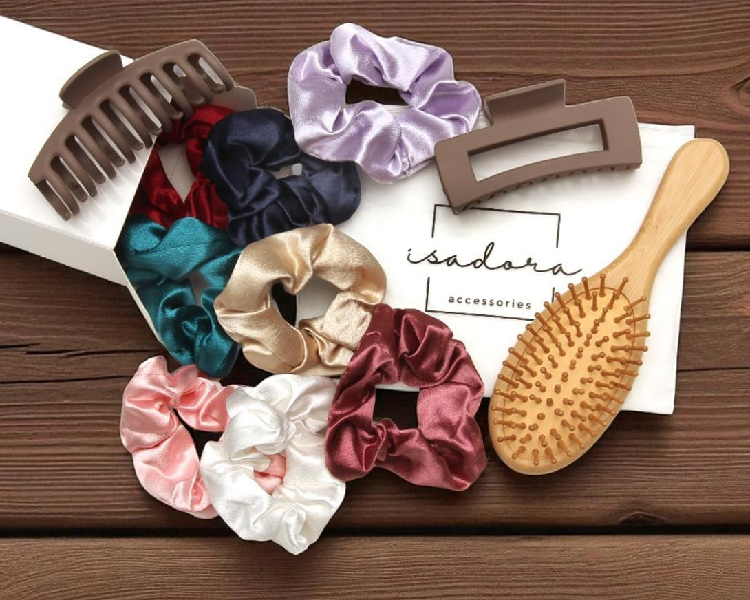 Hair Styling Set Bamboo Brushes 2 Clips 8 Silk Scrunchies in Assorted Colours image number 2