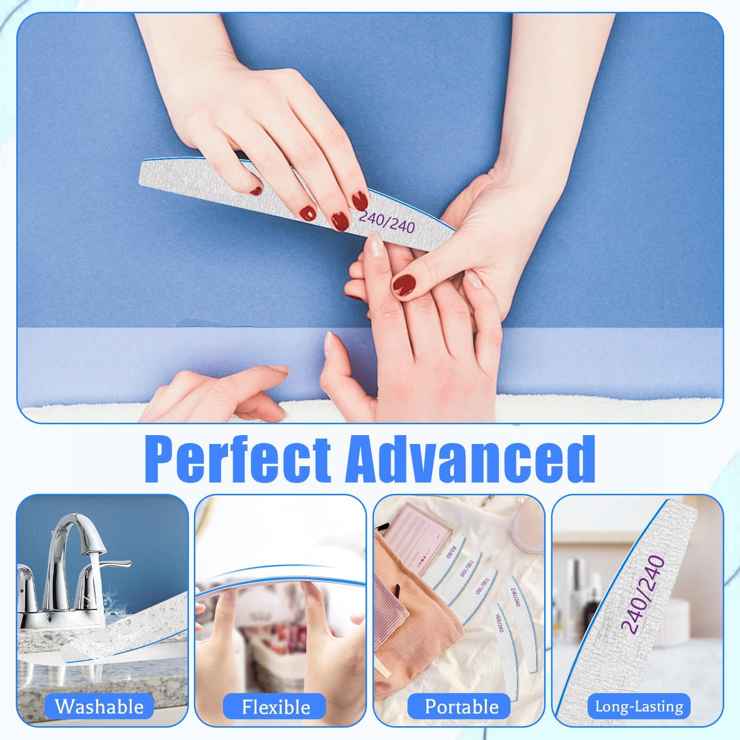 12 PCS Professional Nail File, 240/240 Grit Nail Files for Natural Nails Emery Boards Nail File Doubled Sides Washable Fine Grit Nail File Manicure Tools for Home and Salon Use