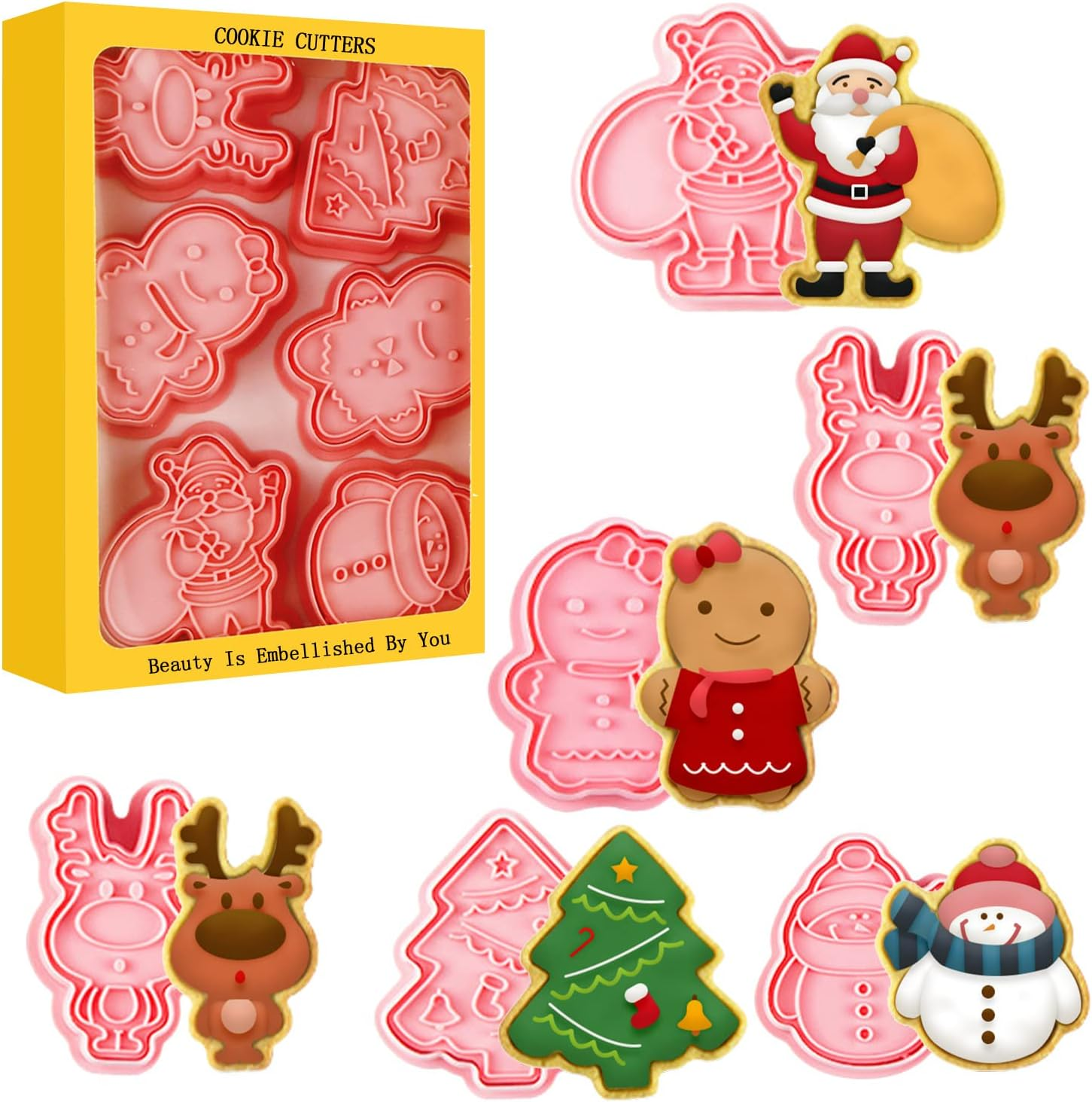 Leesgel Christmas Cookie Cutters, 3D Christmas Holiday Cookie Cutters Shapes with Santa/Xmas Tree/House/Deer, Christmas Party Decorations Ornaments image number 3