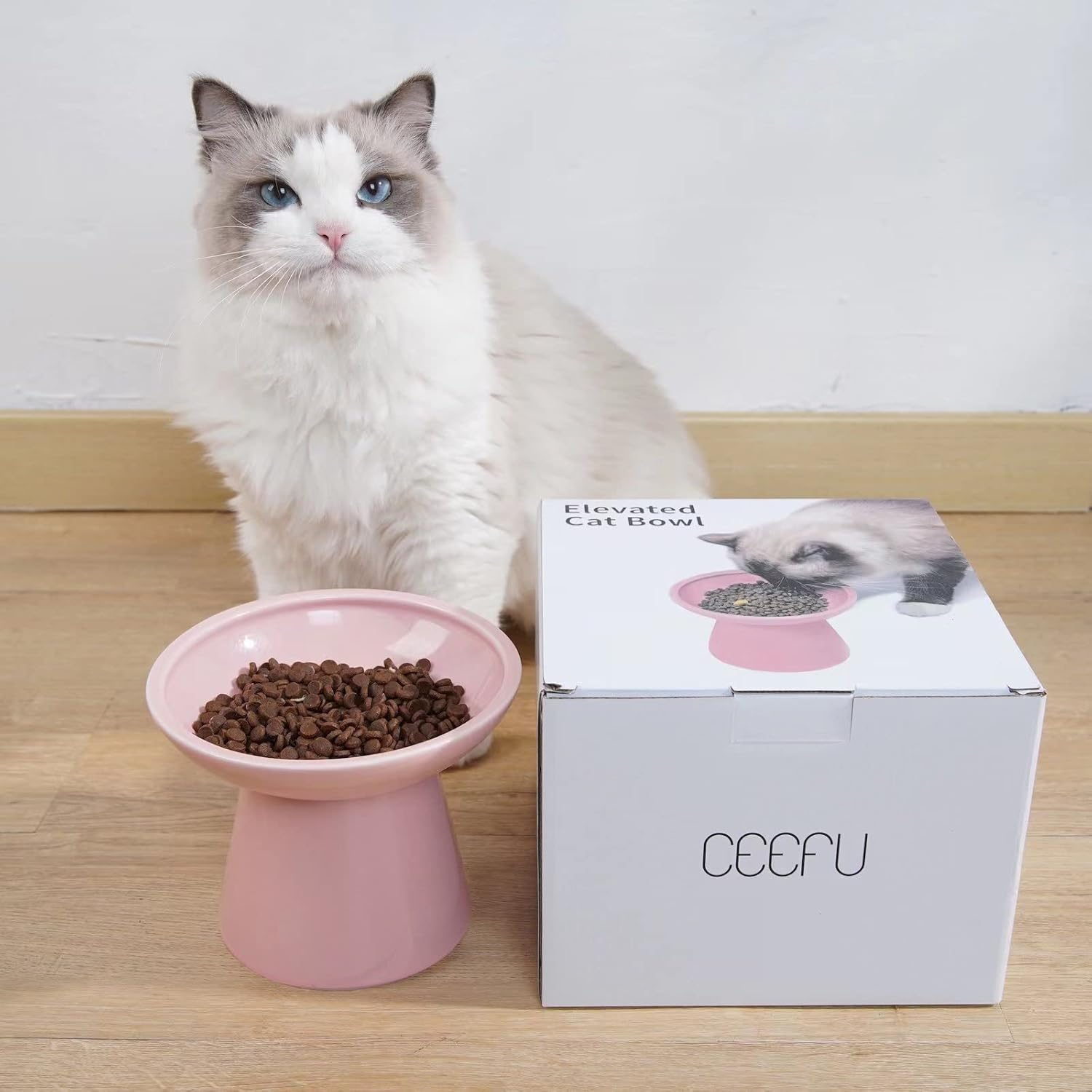 Extra Wide Elevated Cat Bowls - Ceramic Food Bowl 6.2" Raised, Shallow Dish for Whisker Fatigue, Lead & Cadmium Free, 5" Good Height for Feeding - Pink image number 3