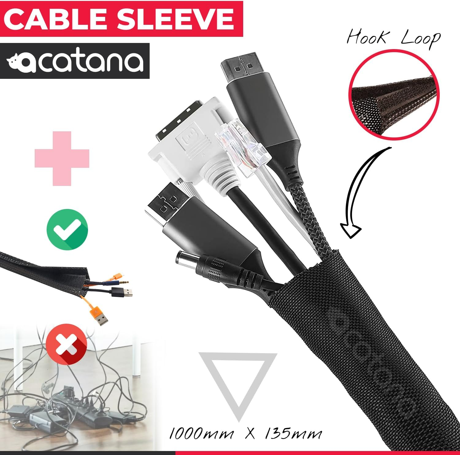 Acatana Cable Management Sleeve Cord Organizer Hide Wire Wrap Cover Protector Home Office Desk under Desk Split Hook Loop 1000Mm X 135Mm image number 1