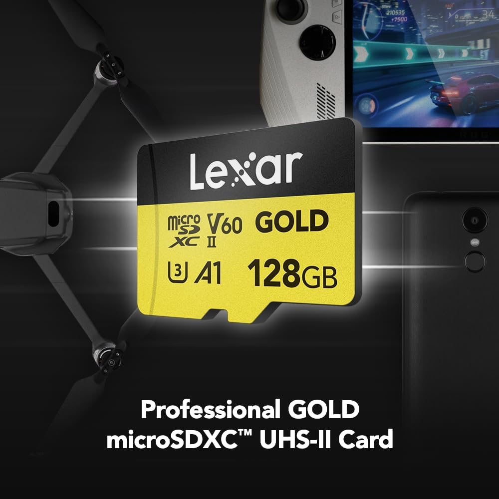 Lexar 128GB Professional Gold Micro SD Card, UHS-II, C10, U3, V60, A1, Full HD, 4K, up to 280/100 Mb/S Microsdxc Memory Card, for Drones, Action Cameras, Portable Gaming Devices (LMSGOLD128G-BNNNG) image number 1