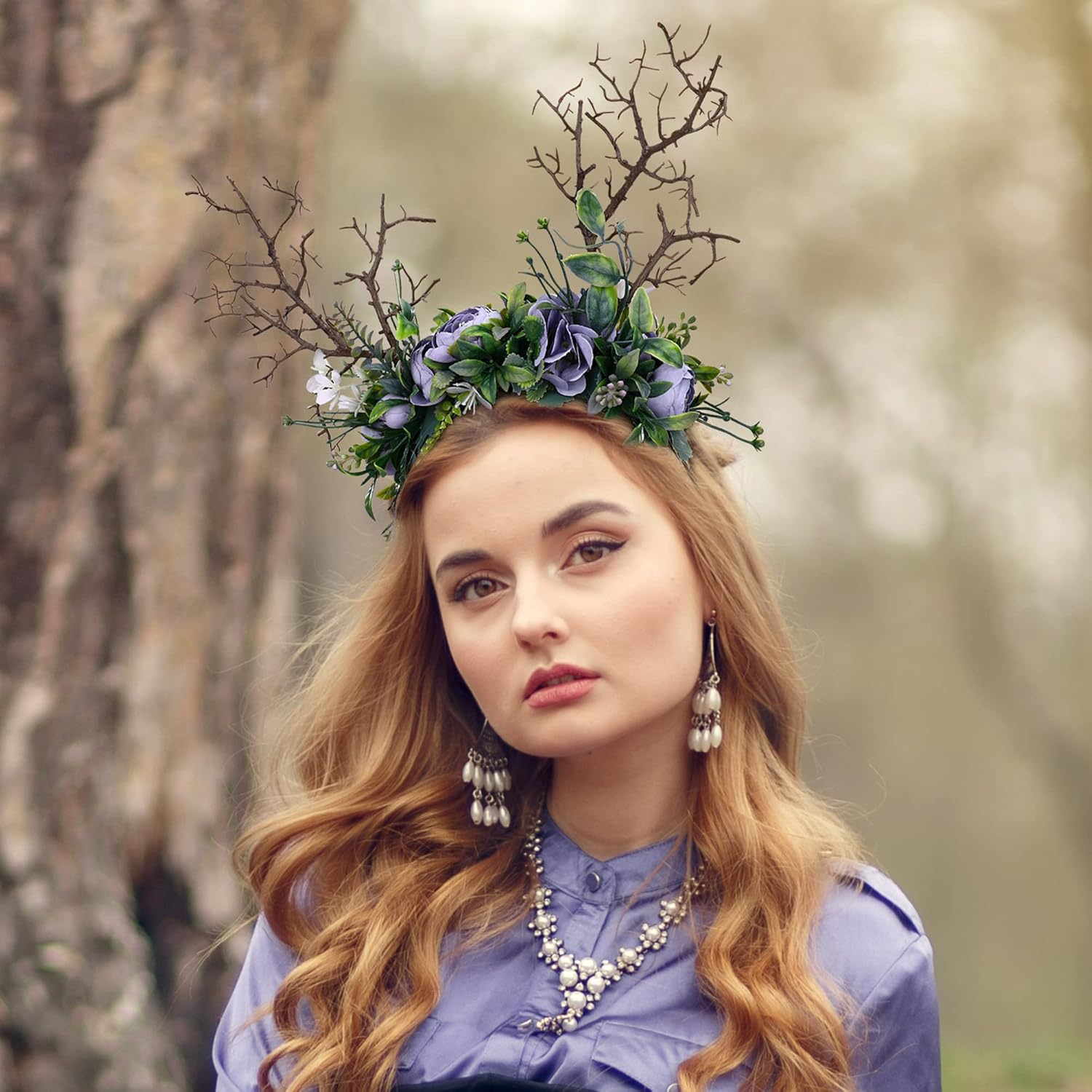 MOSTORY Handmade Forest Crown Antler Tree Branch Headband Purple Rose Flower Headpiece Woodland Fairy Hair Garland for Women Carnival Mardi Gras Renaissance Fair Fae Ball Prom Accessory