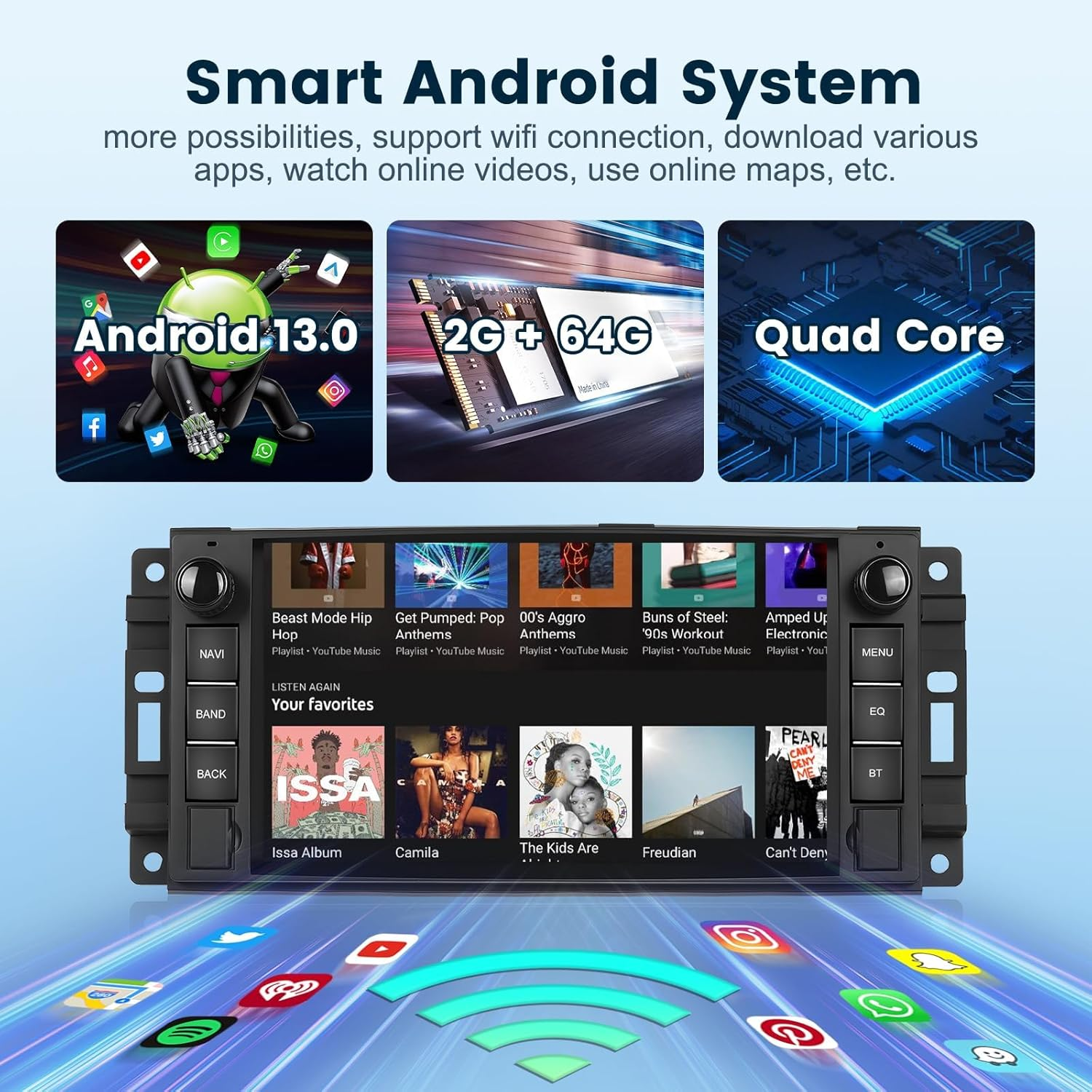 [2G+64G] Car Stereo Radio for Jeep Wrangler JK Compass Patriot/Chrysler/Dodge RAM with Wireless Carplay Andriod Auto, 7 Inch Touch Screen Android 13 Headunit with GPS Navi/Wifi/Bluetooth/Camera image number 5