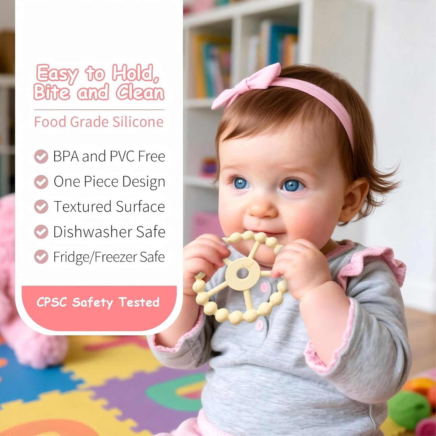 3 Pack Ring Teether Baby Infant Toys, Silicone Teething Ring Toys for Baby Teethers 6-12 Months 12-24 Months, Easy to Grasp Toy, Baby Teething Relief, BPA Free Newborn Accessories (Blue Pink Beige) image number 3