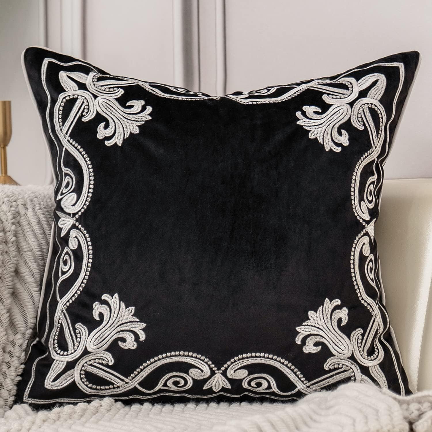 Aeckself European Floral Pillow Cover 12X20 Inch, Luxury Velvet Embroidered Decorative Lumbar Throw Pillow Cover for Couch Bedroom Living Room, Black and Gold