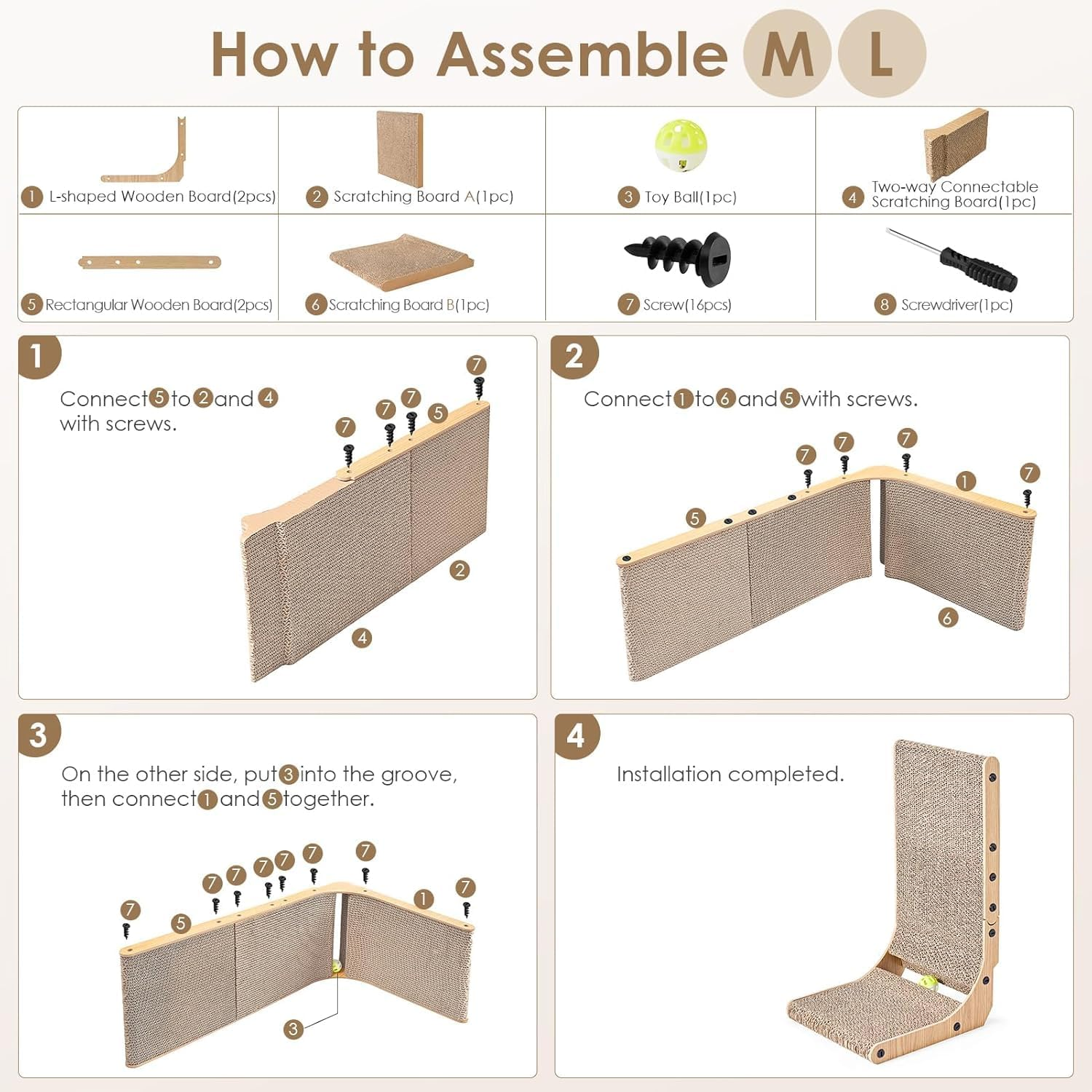 Indoor Cat Scratching Post, 32" L-Shaped Vertical Cat Scratching Post, Indoor Cat Scratching Board with Ball Toy, White