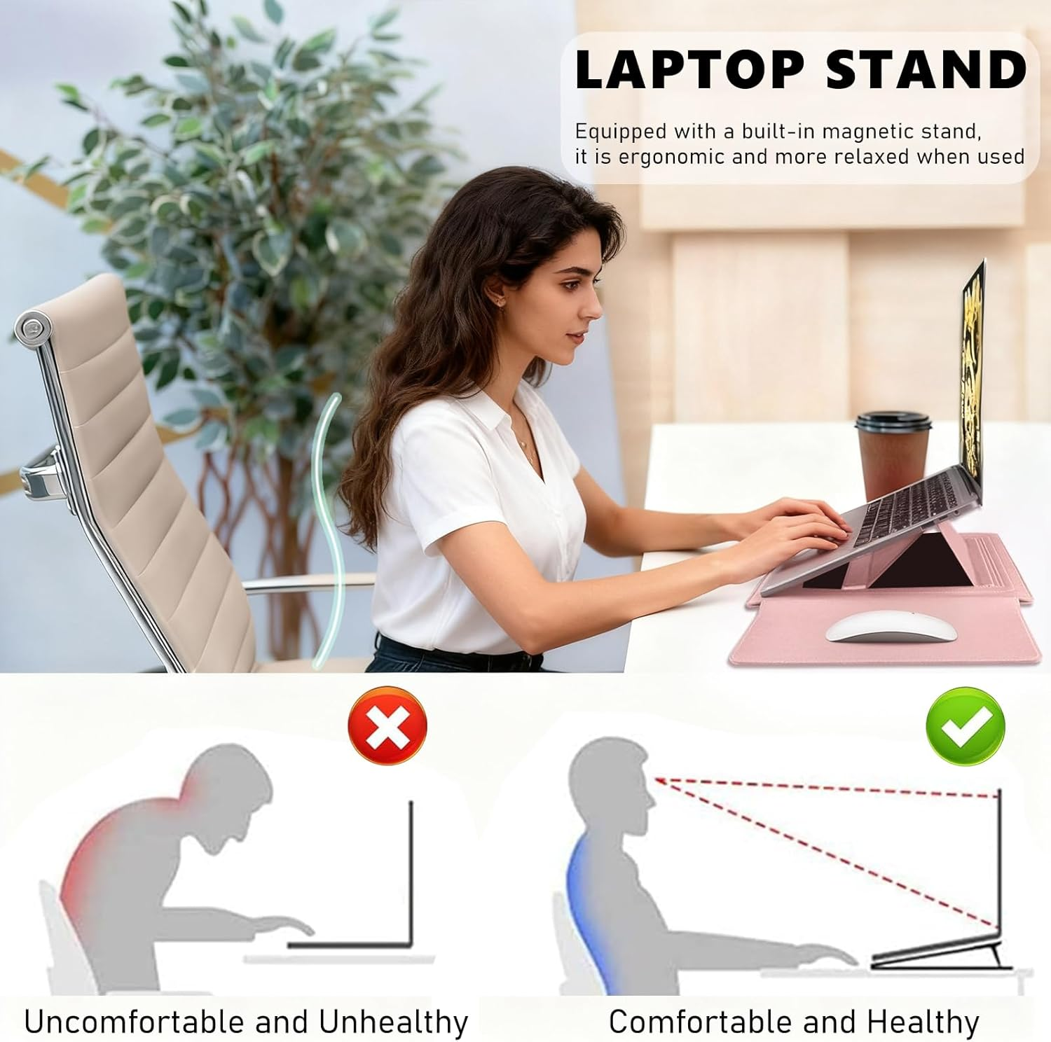 3-In-1 New Leather Laptop Sleeve Cover, with Stand Mouse Pad & Small Bag, Notebook Computer Protective Cover Slim Case for Macbook Air/Pro HP Dell ASUS Lenovo (13/14 Inch, Pink) image number 6