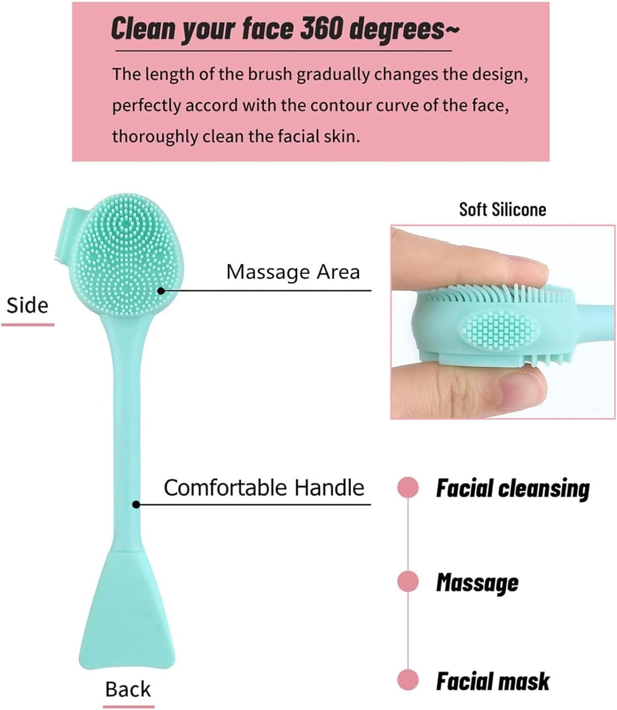 Weidllys Facial Cleaning Brush, 4-In-1 Silicone Facial Mask Brush and Facial Scrub for Exfoliation, Massage, Blackhead Removal, Makeup Removal, Mud Application, Clay, Body Lotion, DIY Facial Mask (Blue and Pink) image number 2