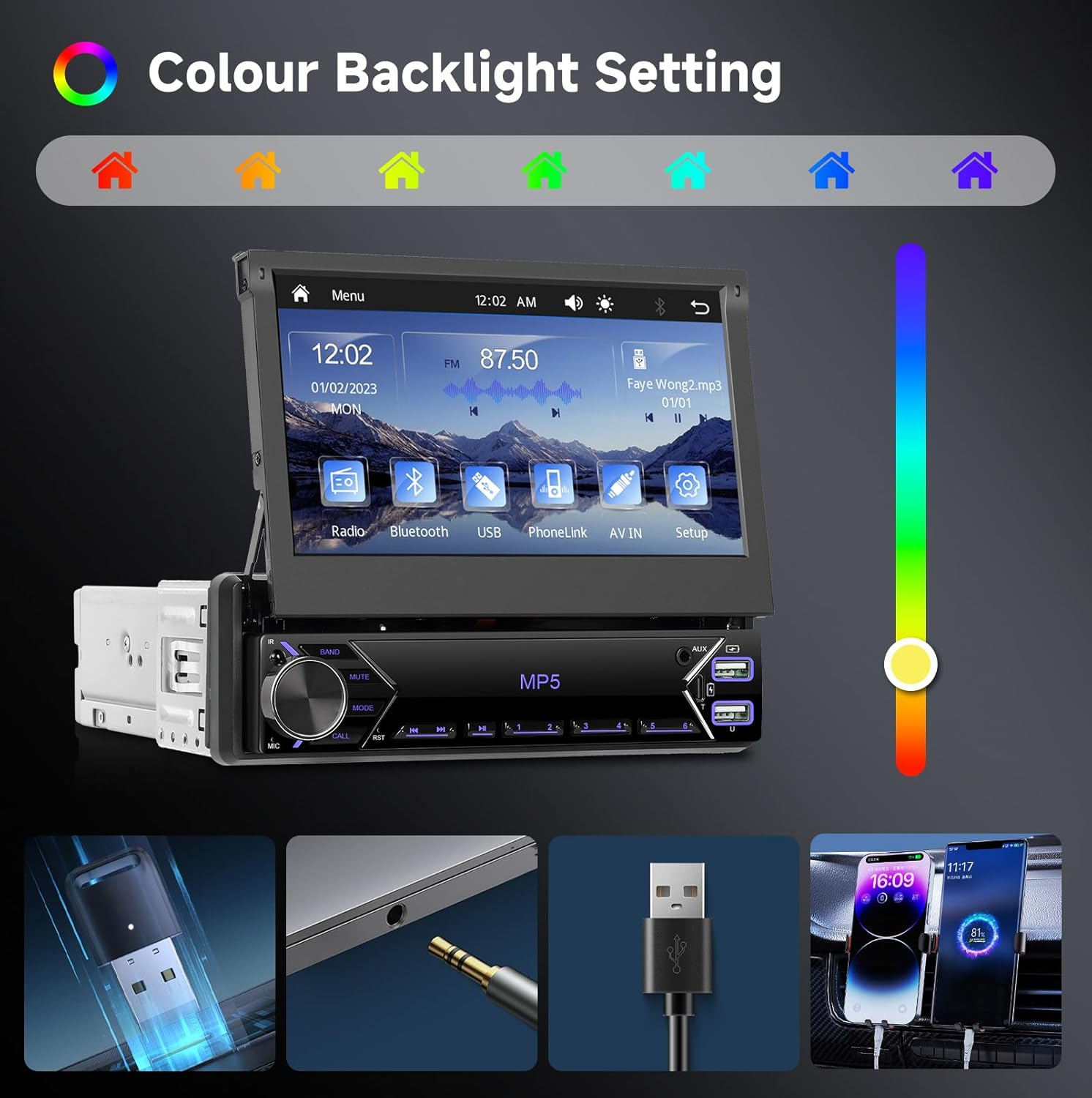 Single Din Flip Out Car Stereo with Wireless Carplay Android Auto, Hodozzy 7 Inch Car Radio Bluetooth with Touch Screen, FM Radio, EQ, SWC, Support U Disk/Usb/Type-C and Reversing Camera image number 6