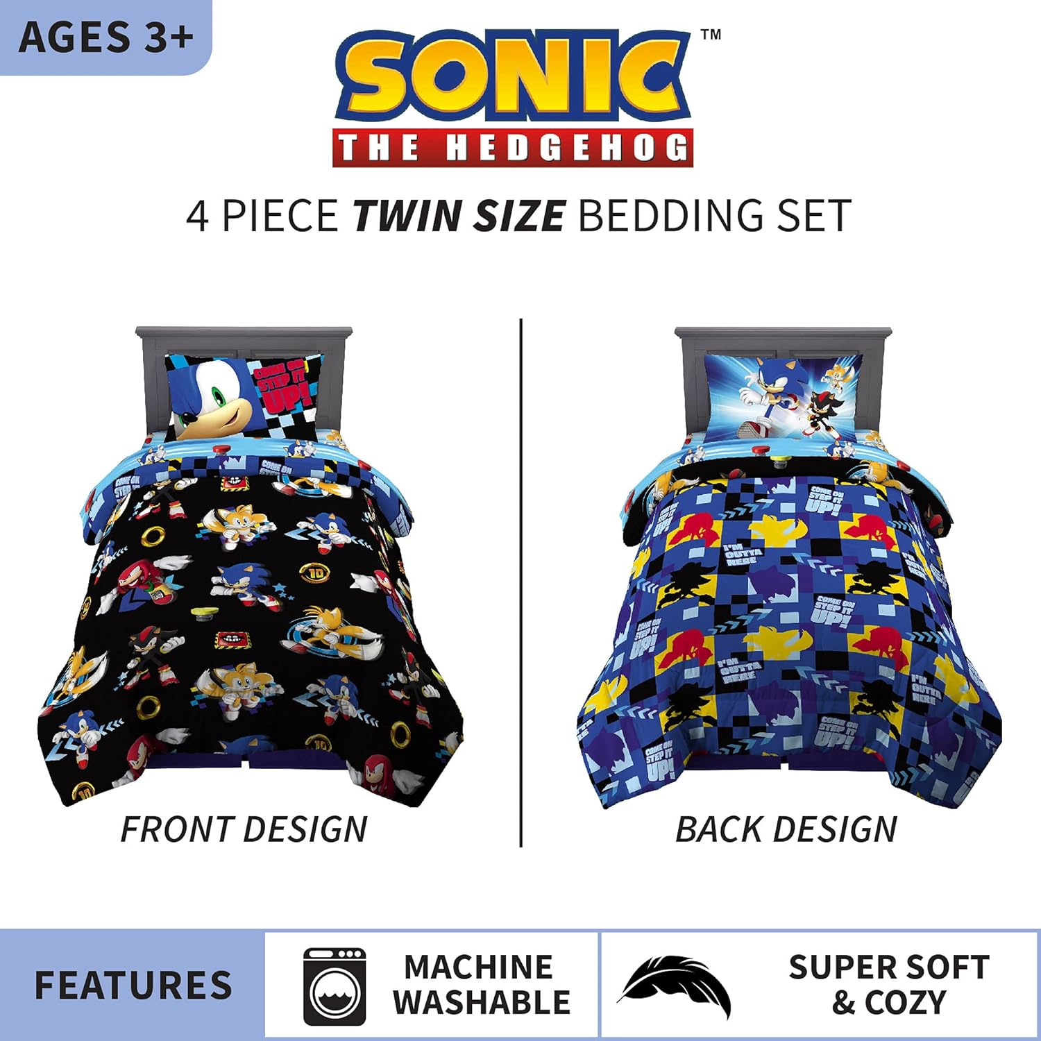 Franco Sonic the Hedgehog Anime Kids Super Soft Comforter and Sheet Set, 4 Piece Twin Size By, Prints May Vary