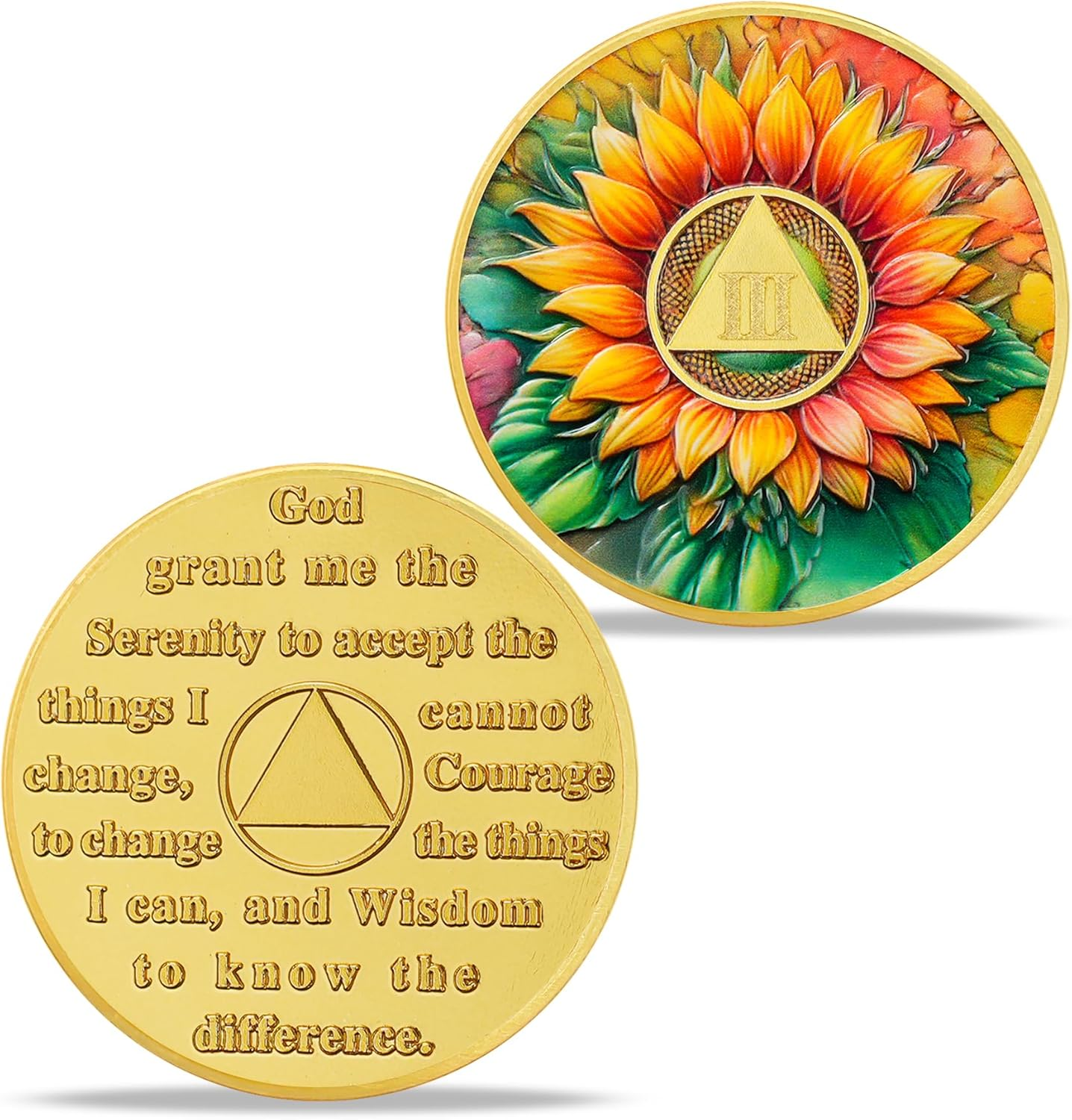 3 Year Sunflower Sobriety Coin - AA Chip Recovery Token - Sober Medallion with Serenity Prayer - AA Coin for Sobriety Gifts for Women and Men - Sober Gift Recovery Medal for AA Token Milestones image number 1