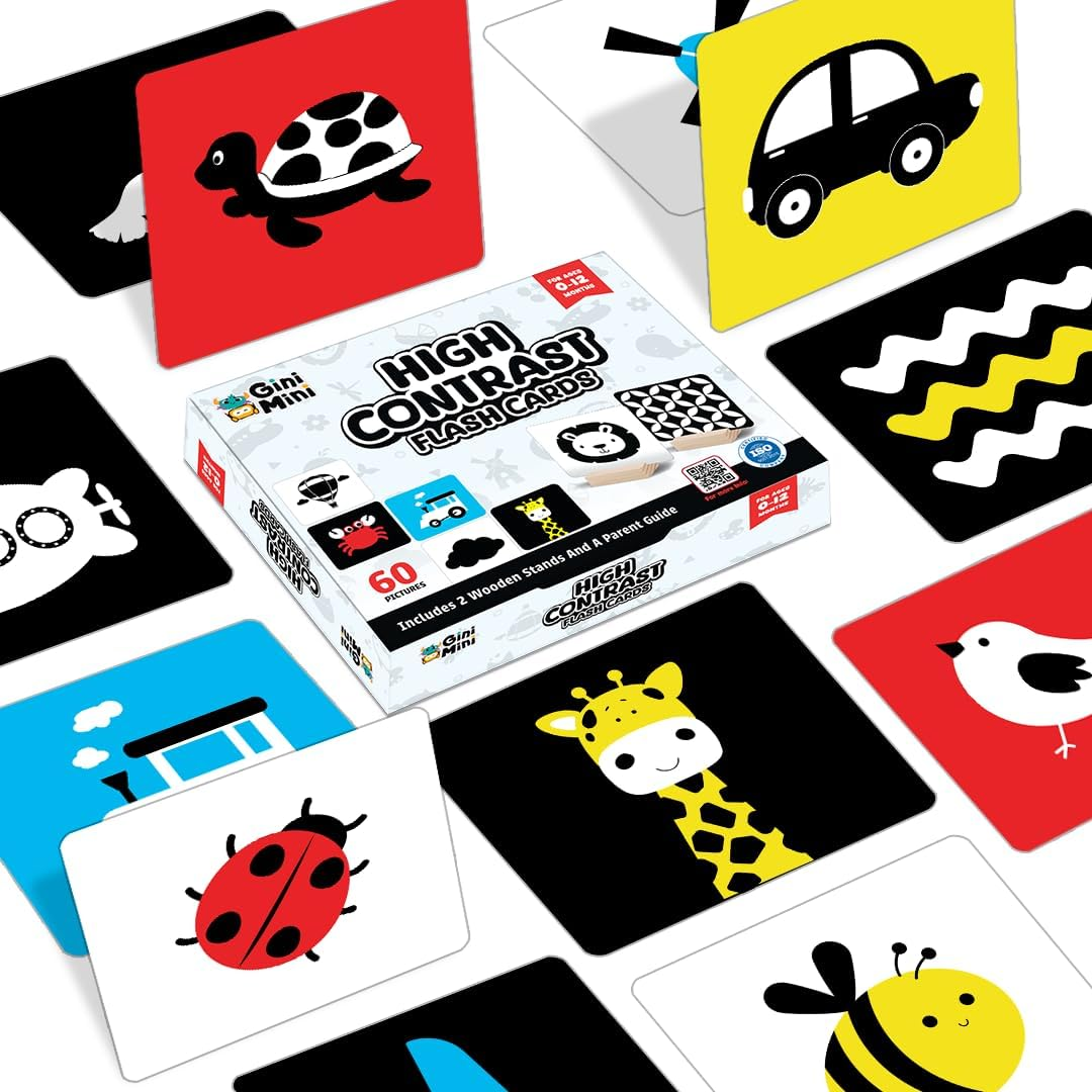High Contrast Flashcards for 0-12 Months - Black, White & Primary Colors for Visual Stimulation | 60 Large Pictures for Newborn Babies & Infants, Gifts, Travel Friendly image number 1