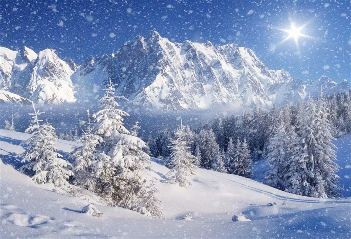 Laeacco Winter Snow Mountain Landscape Vinyl New Year Backdrop 10X6.5Ft Christmas Theme Background Dreamy Flying Snow Scenery Dazzling Sunshine Snowfield Snowy Pine Forest Children Adults Portraits image number 5