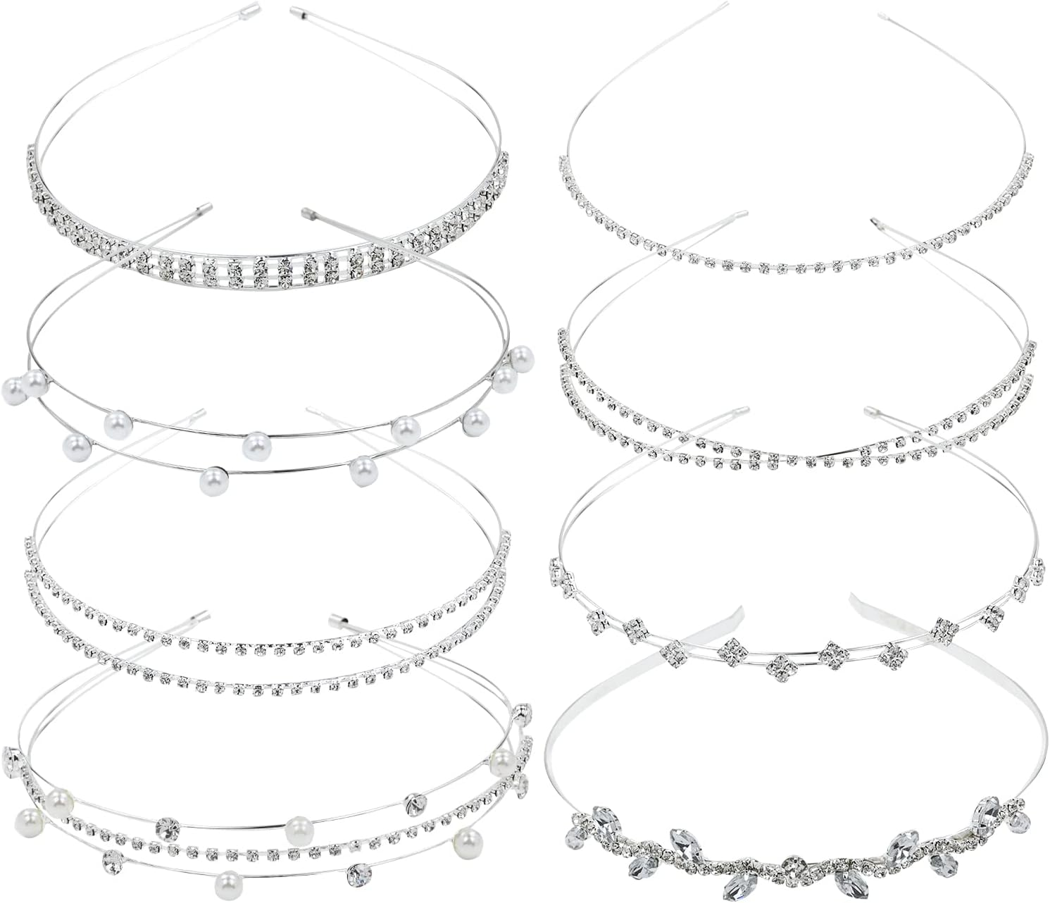 8 Pack Rhinestone Pearl Glitter Sparkly Fancy Silver Metal Headbands Double Hair Bands Slim Thin Skinny Hard Hair Bands Crown Tiara Hair Holder Headpieces for Women Girls image number 3