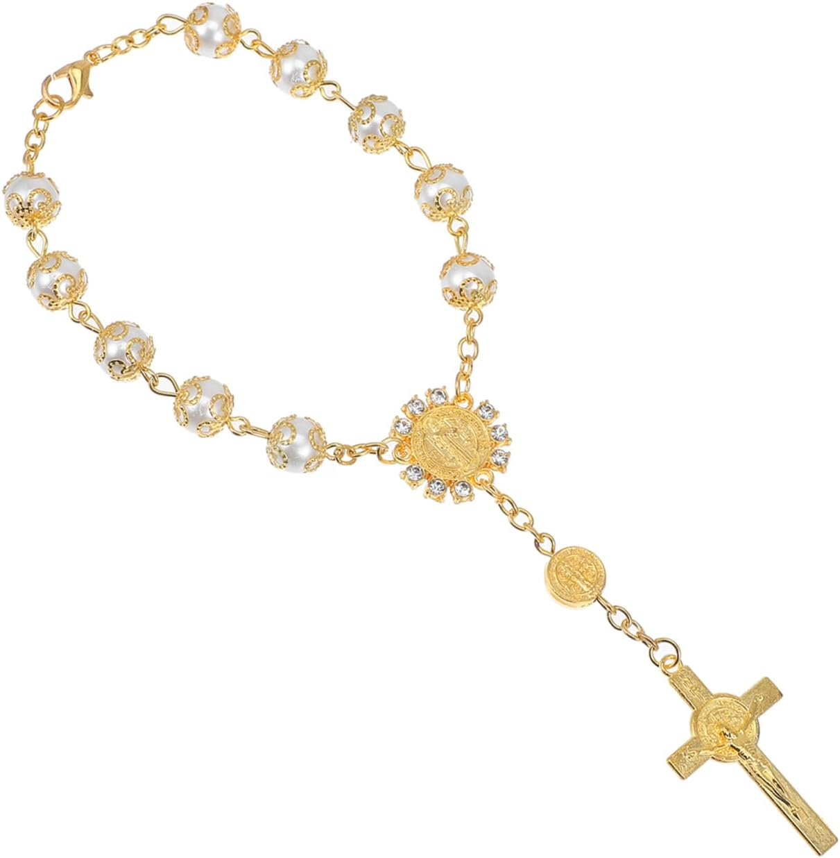 Iplusmile Imitation Pearl Hanger with Cross Pendant and Beaded Bracelet Car Ornament for Rearview Mirror Stylish 7.1X3.5 Inch Decorative Car Accessories