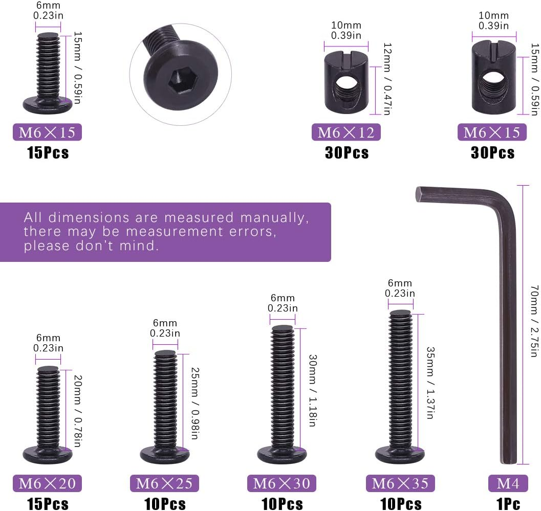 Swpeet 120Pcs Crib Hardware Screws, Black M6 &times; 15/20/25/30/35Mm Hex Socket Head Cap Crib Baby Bed Bolt and Barrel Nuts with 1 X Allen Wrench Perfect for Furniture, Cots, Crib Screws image number 4