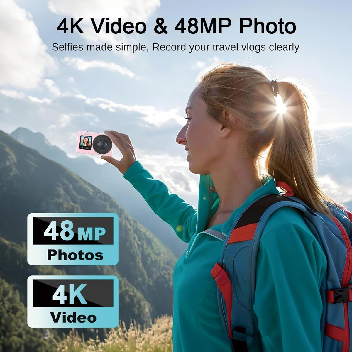 AILRINNI Dual-Screen 4K Digital Camera, with a 2.4" LCD Rear Screen and a 1.3" Front Screen, a 48-Megapixel Full HD Camera, an 18X Zoom Function, Nd a 64GB Memory Card image number 6