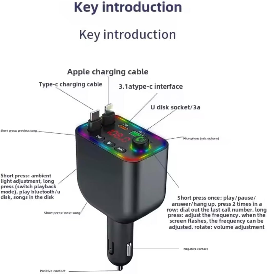 KK KENIK 4-In-1 Bluetooth FM Transmitter Retractable Car Charger, 120W Fast Charging, Usb/Type-C/Iphone, RGB LED Display image number 2