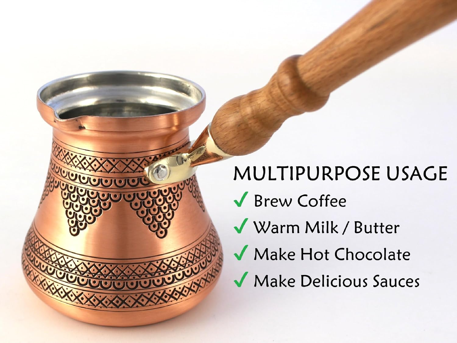 DEDE Copper - PCZ Series (Large-14Fl.Oz) - Thickest Solid Copper Engraved/Hammered Turkish Greek Arabic Coffee Pot with Wooden Handle, Stovetop Coffee Maker Cezve, Jezve, Jazva, Ibrik, Briki (Matte) image number 5