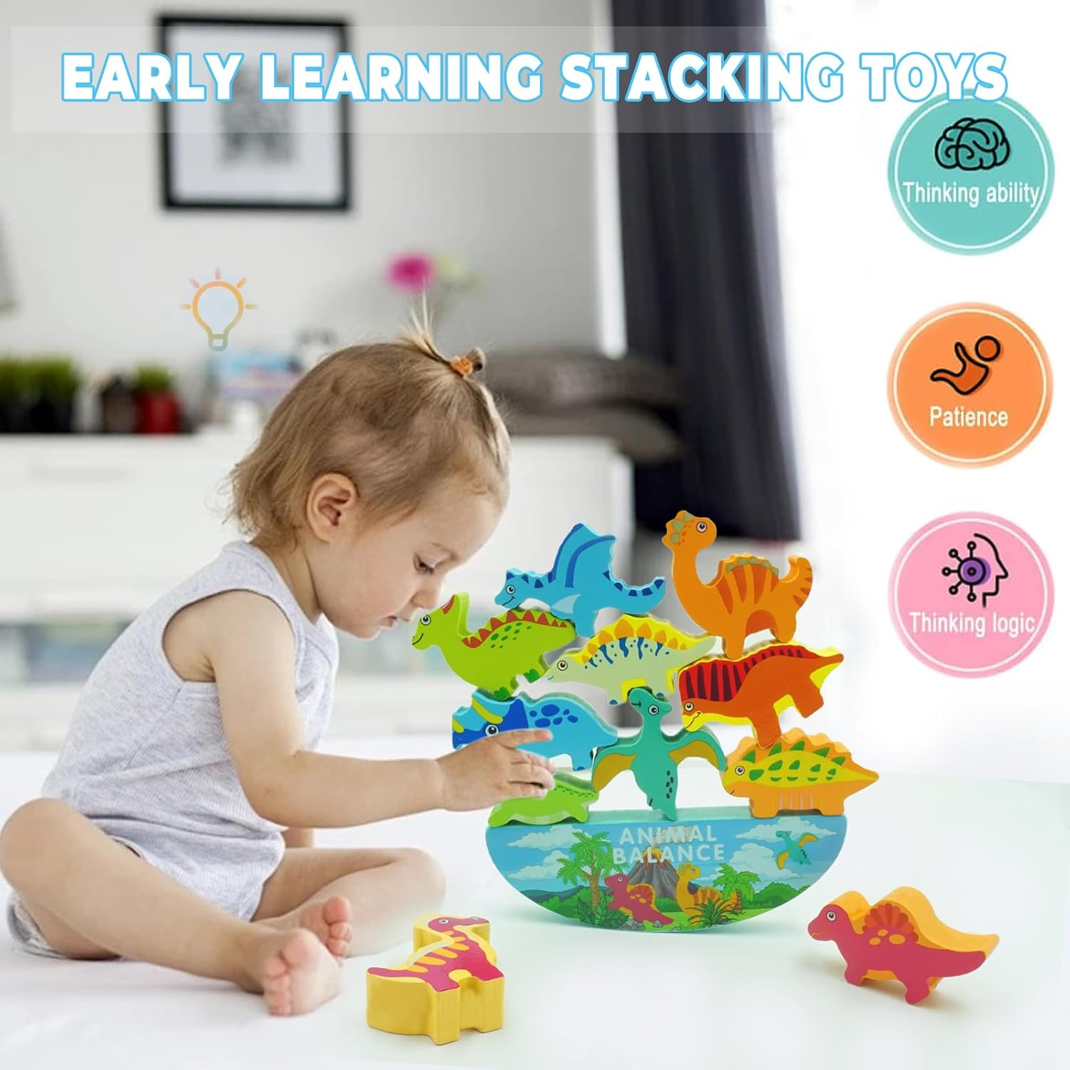 Peeokuo 11Pcs Wooden Stacking Dinosaur Toys, Dinosaur Balance Toys for Kids 3 4 5 6 7 Years Old, Dinosaur Building Blocks Set, Preschool Montessori Toys for Boys and Girls, Birthday Gift Ideas image number 3