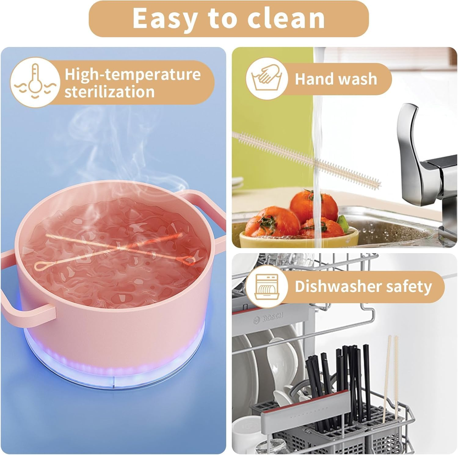 Silicone Straw Cleaner Brush Set - 2PCS Extra Long Reusable Straw Brushes for Glass, Metal & Smoothie Straws - Food Grade Bpa-Free with Non-Slip Handle (6Mm+9Mm, Beige)