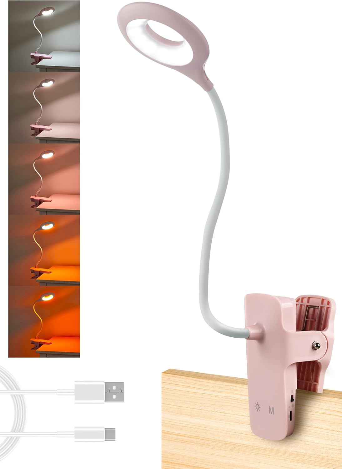 National Lighting Dimmable LED Clip on Light - 4.5W Touch Control LED Lamp with Flexible Neck & Strong Clamp - 5 Colours & Brightness Levels, USB Rechargeable Desk Light - Pink