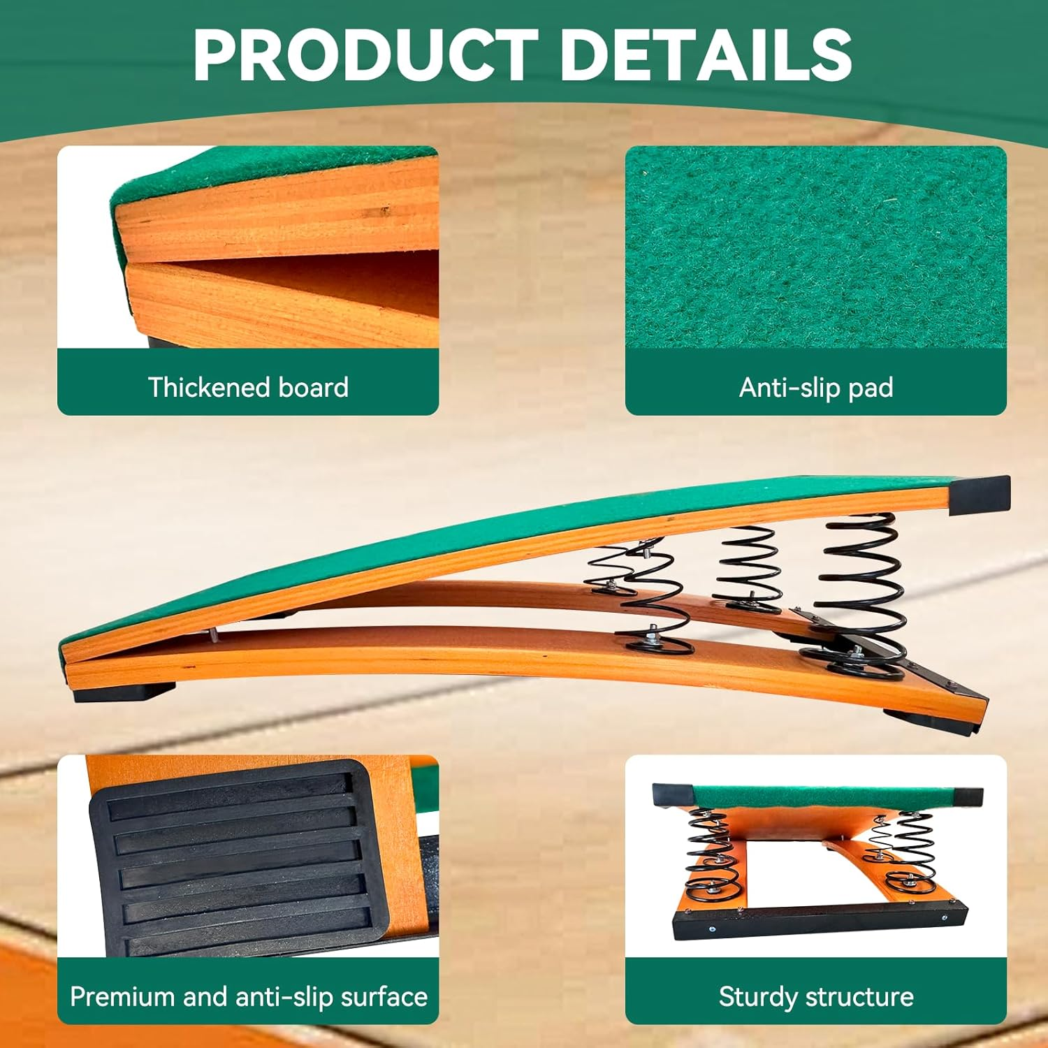 4 Springs Gymnastics Springboard for Kids, 31.5"X19.7" Vaulting Training Spring Boards Gymnastics, Portable Curved Spring Board Gymnastics Vault with Anti-Slip Mat for Outdoor Training - Green image number 2