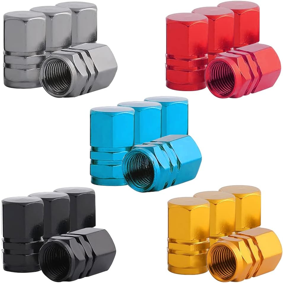 Qitindasen Pack of 20 Premium Car Tyre Valve Caps, Aluminium Alloy Hexagon Tyre Valve Covers, Universal Schrader Valve Dust Caps, Dust Covers with Seal (5 Colours) image number 3