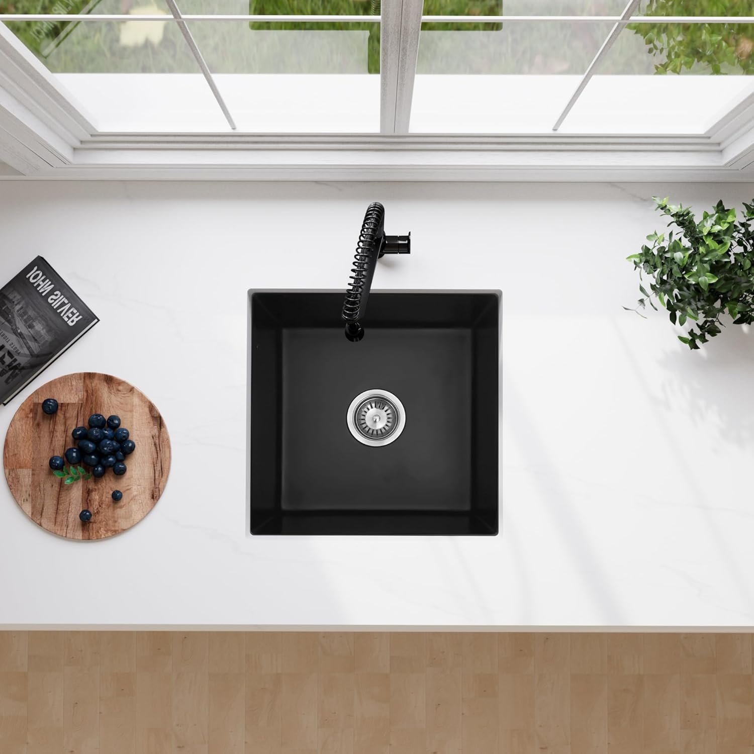 MILOSEN Black Kitchen Sink 45X45Cm, Granite Stone Sink, Mini Black Bar Sink, Undermount Kitchen Sink, Single Bowl Kitchen Sink