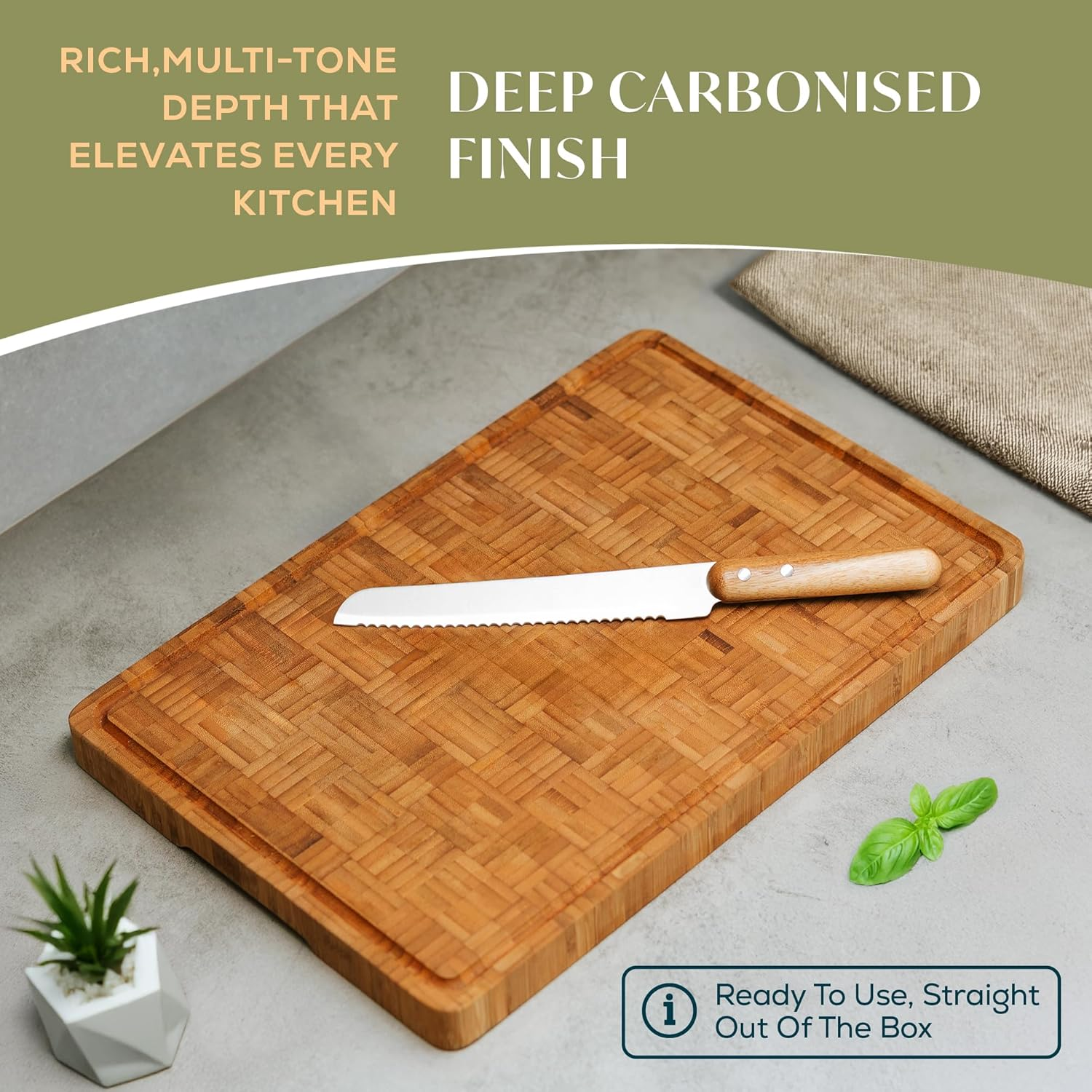 Cactus and Cubby Wooden Chopping Board. Crafted End Grain Bamboo Cutting Board. Premium Deep Carbonised Finish. Large (45 X 30 X 3Cm). Butchers Block. Juice Grooves. Side Handles. Serving Tray. image number 4