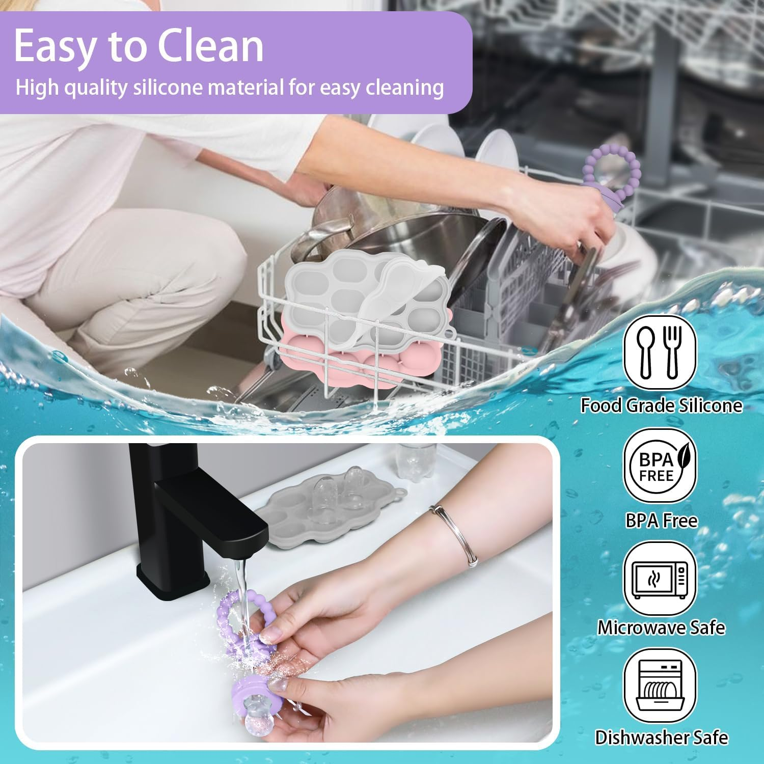 Baby Silicone Fruit Food Feeder Pacifier, 2 Pack Freezer Tray Set for Babies-Breastmilk Storage Container and Freezer Tray-Teething Popsicle Molds for Soothing Relief