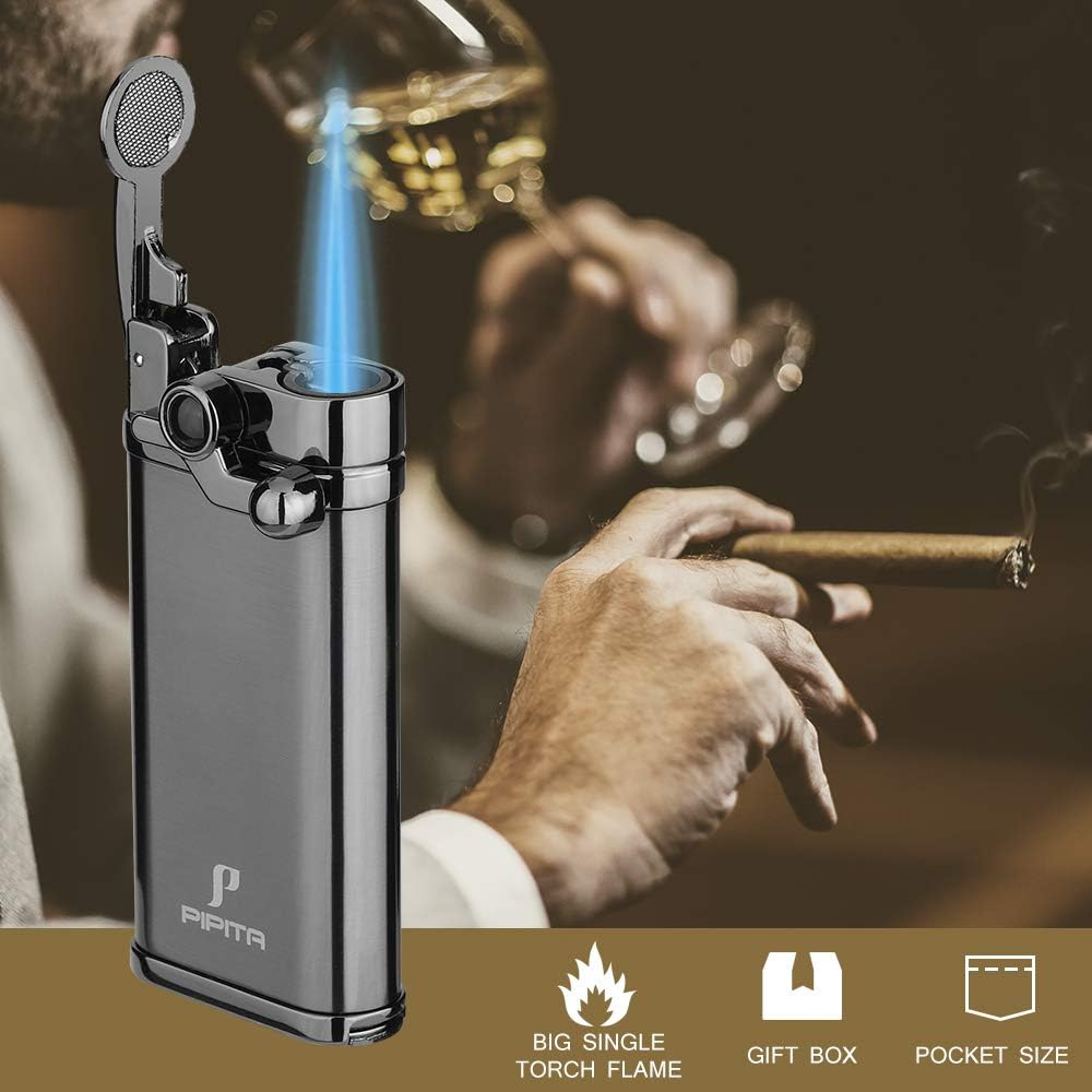 PIPITA 2Pcs Torch Lighter Windproof Pocket Lighter Jet Single Flame Lighters, Adjustable Flame and Refillbale Fuel Metal Lighter(No Butane) (Gray) - Sliver+Blue image number 3