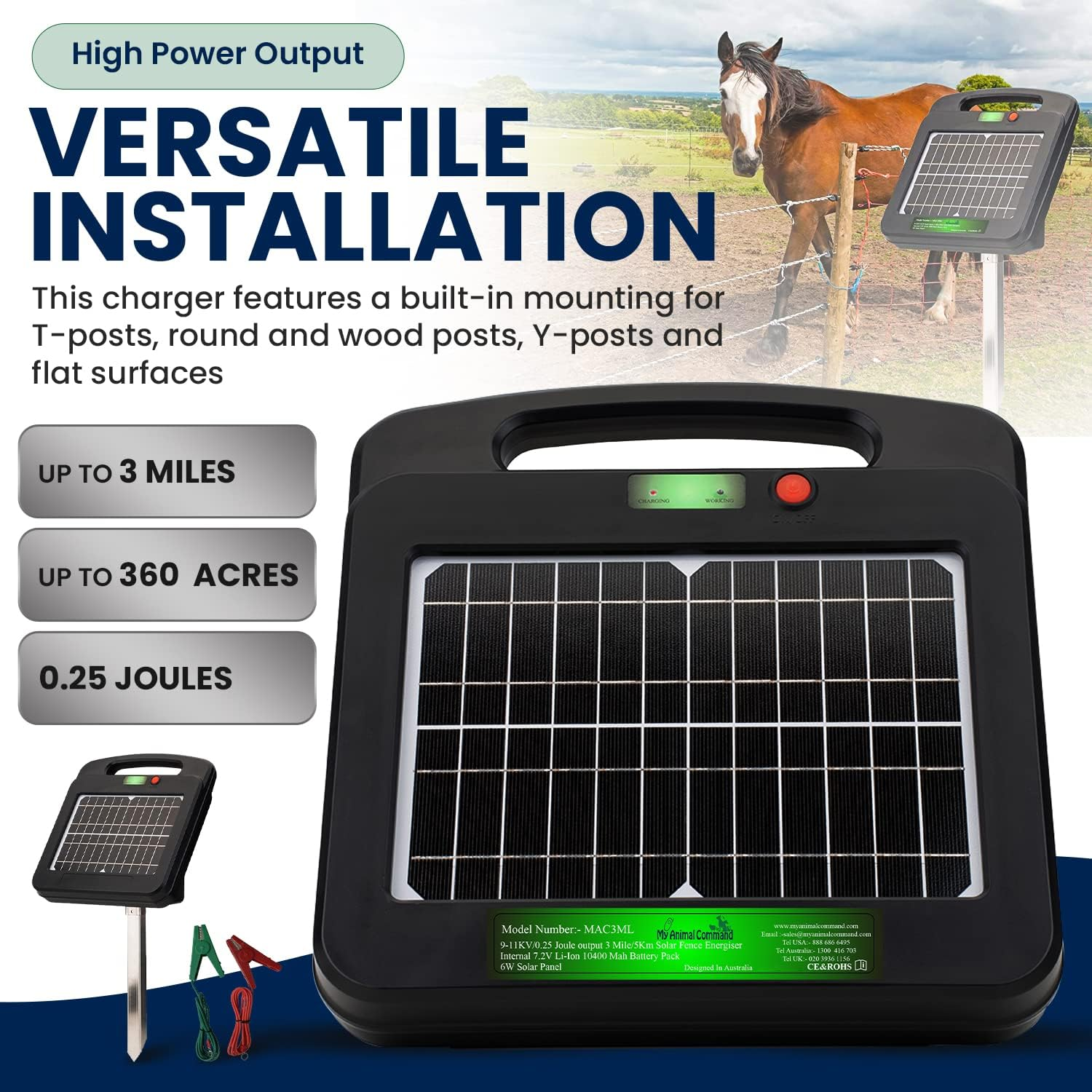 My Animal Command Solar Charger Portable Power Station Pet Fence 3 Mile 0.25 Joules Output (9-11KV) Electric Fence Energizer Containment & Protection of Livestock,Dog, Cats, Pets Easy Installation image number 2