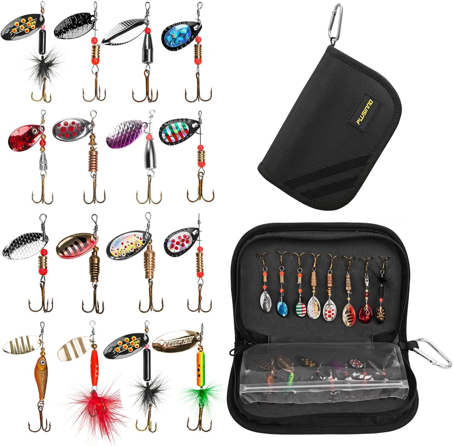 PLUSINNO Fishing Lures for Bass 16Pcs Spinner Lures with Portable Carry Bag,Bass Lures Trout Lures Hard Metal Spinner Baits Kit