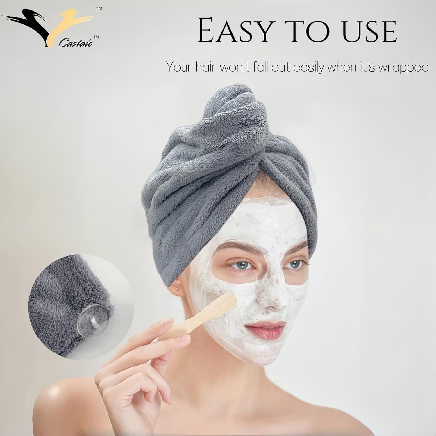 Castaic 3Pcs Microfiber Hair Towel Wrap, Hair Drying Towel with Button Design for Curly, Long & Thick Hair anti Frizz, Super Absorbent Twist Turban for Women (Gray+Pink+Blue) image number 1