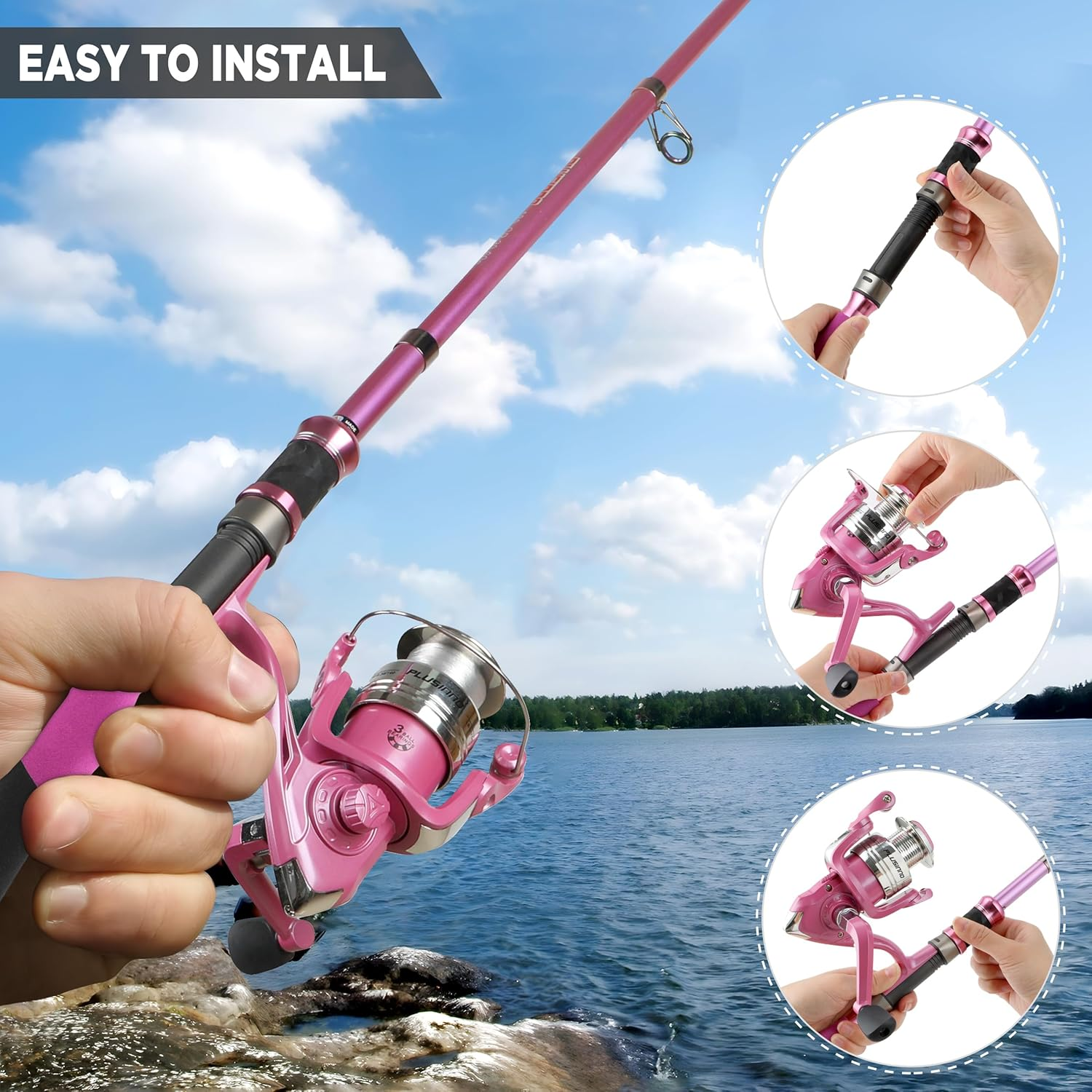 PLUSINNO Ladies Telescopic Fishing Rod and Reel Combos,Spinning Fishing Pole Pink Designed for Ladies Fishing Girls Fishing Pole image number 6