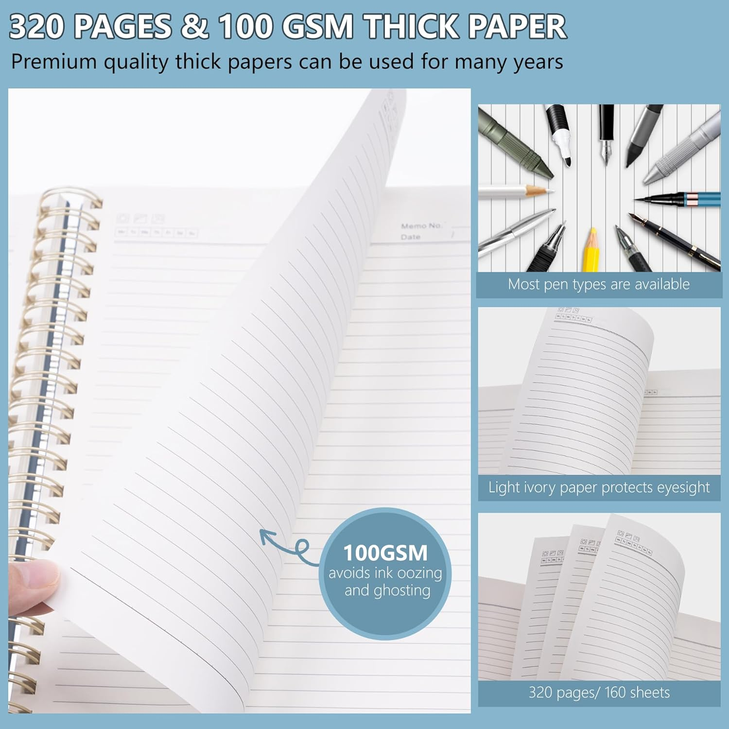 HAUTOCO Spiral Notebook Journal 8.5"X 11", College Ruled Leather Notebook with 320 Pages, 100 GSM Paper, A4 Hardcover Notebook, Lined Journaling Notebooks for Work, Office, School, Business, Airy Blue image number 5