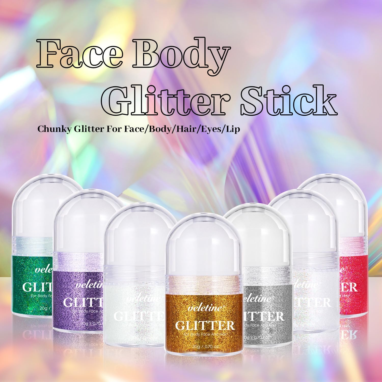 Veletine Body Glitter Gel, Roll-On Glitter Gel for Body, Face, Hair and Lip,Shimmer Three-Dimensional Glitter,Hair Glitter＆Lip Glitter,Sparkling Body Contouring Highlight Makeup, 20G/0.7 Oz (Purple)