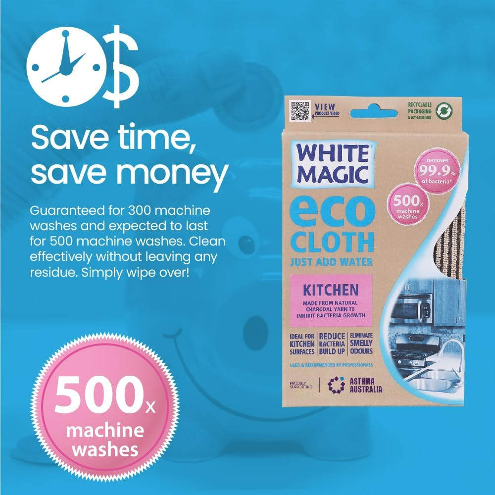 White Magic Eco Cloth Kitchen &ndash; 32 X 32 Cm, Charcoal Yarn Inhibits Bacteria, Chemical-Free Cleaning with Just Water, Picks up 99.9% of Bacteria, Machine Washable up to 500 Times image number 6