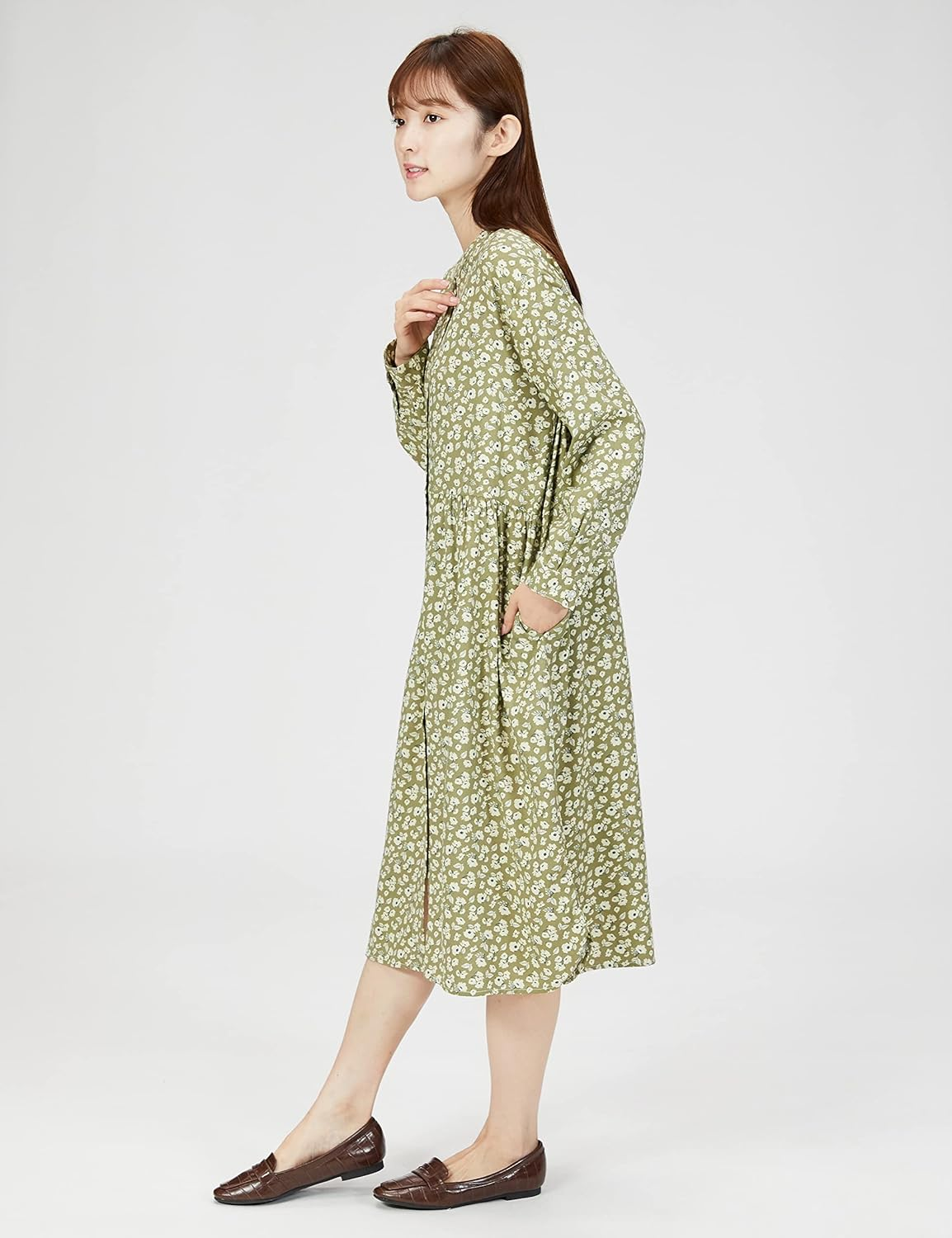 Hiuma Nihon LUM42601 Dress, Botanical Print, Stand Collar Dress, Khaki, M, Women'S Khaki, M, Khaki, M