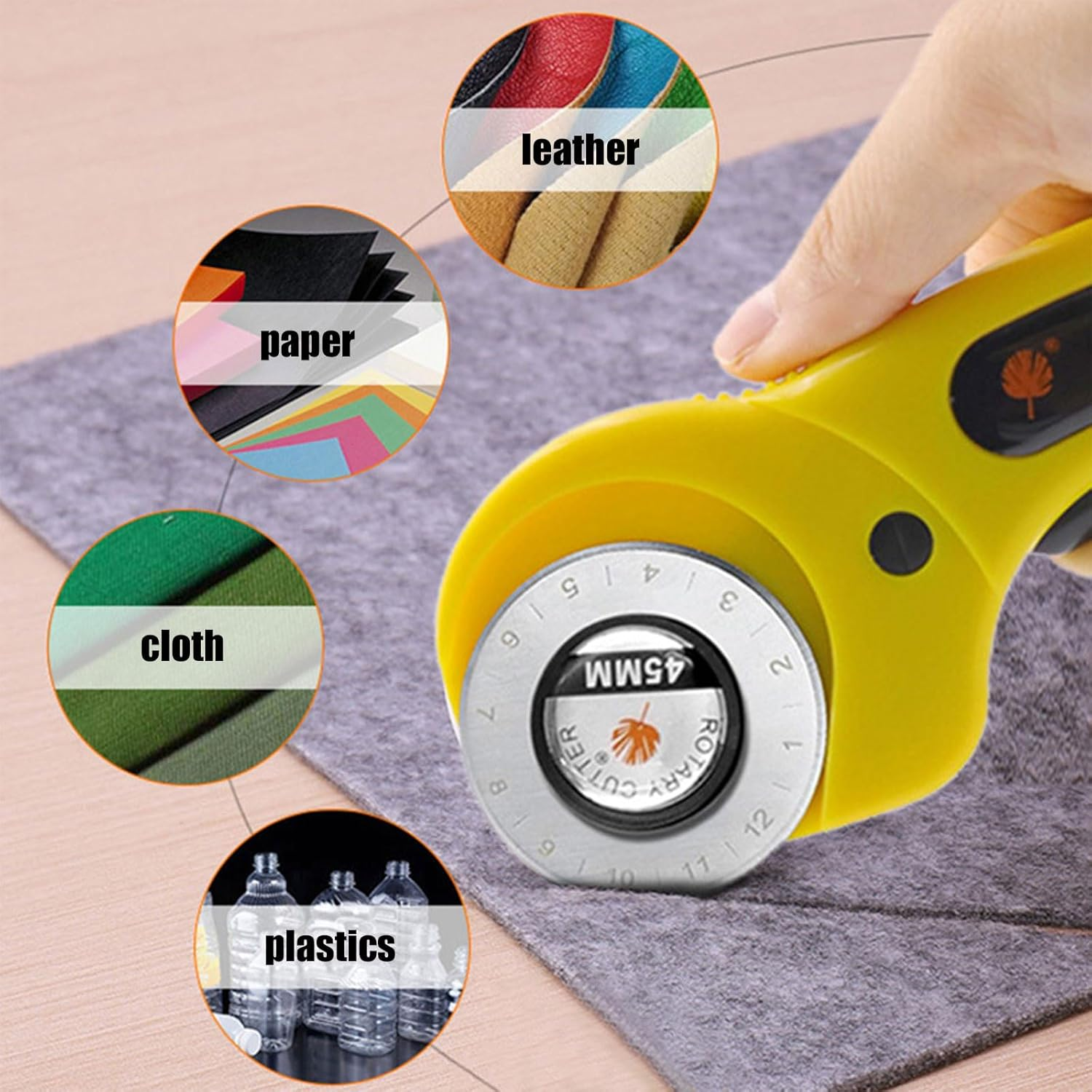 BGENHPON Rotary Cutter 45 Mm Diameter Self Sharpening Blade Ergonomic Handle Fabric Paper Cutting Tool with Safety Lock​ image number 2
